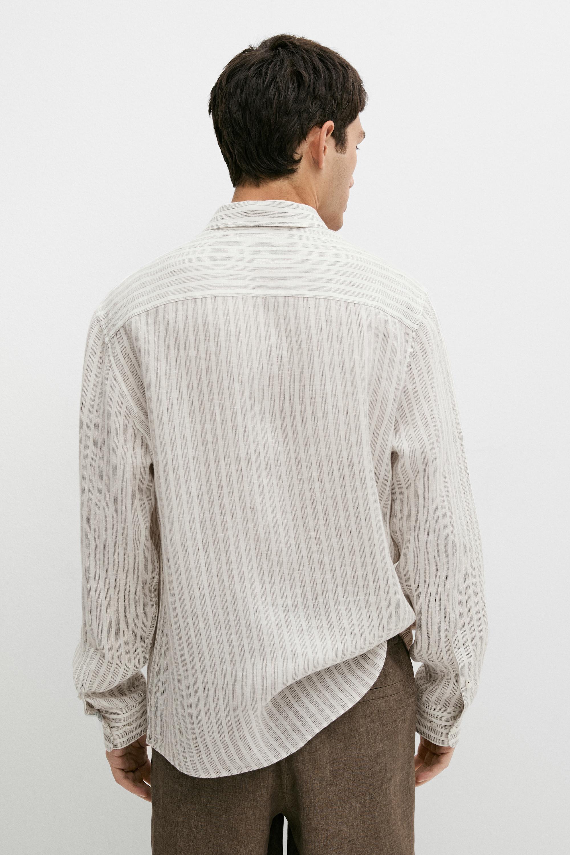100% linen regular fit striped shirt — BROWN