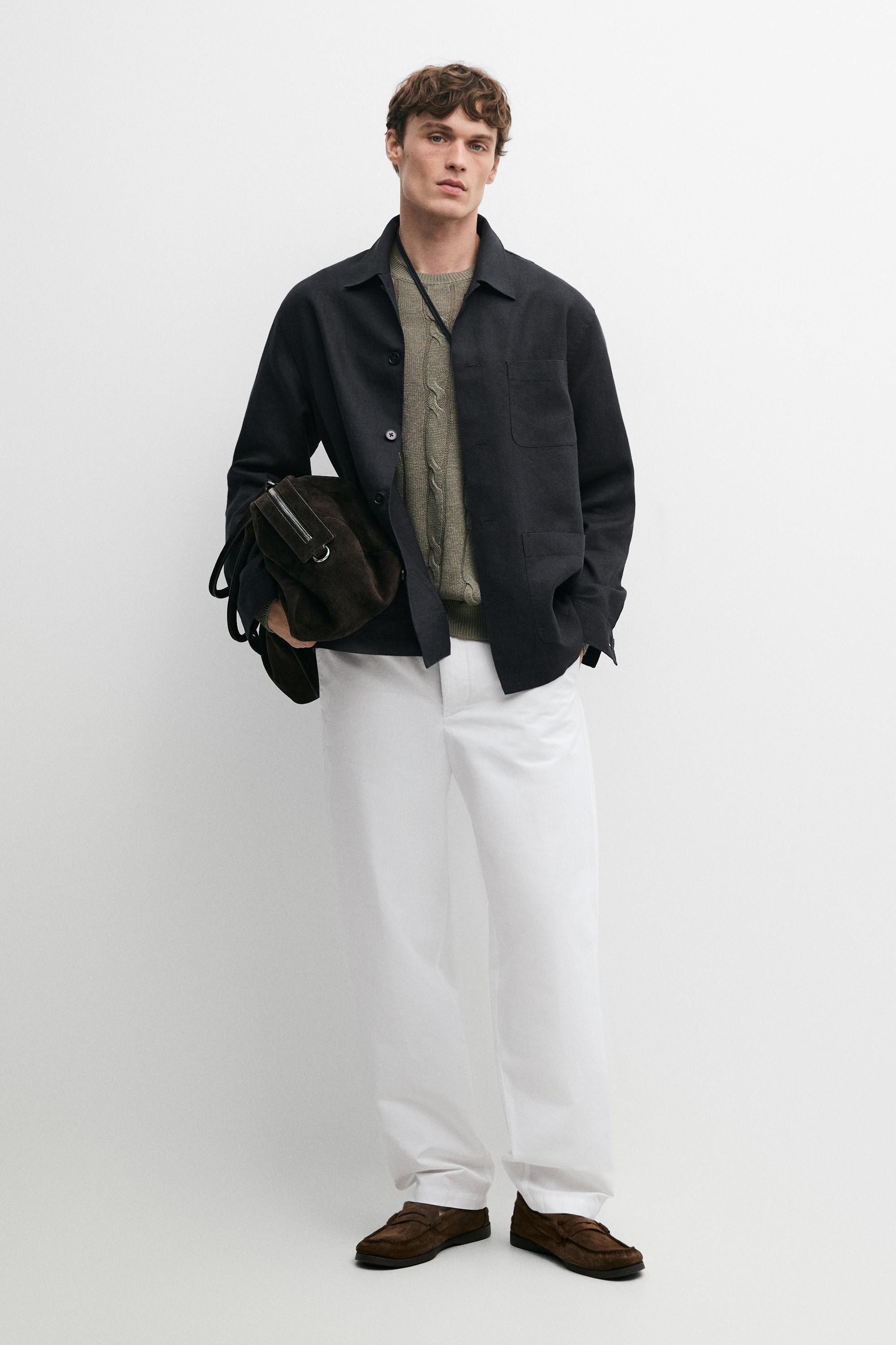 Cotton and linen barrel fit poplin trousers — WHITE