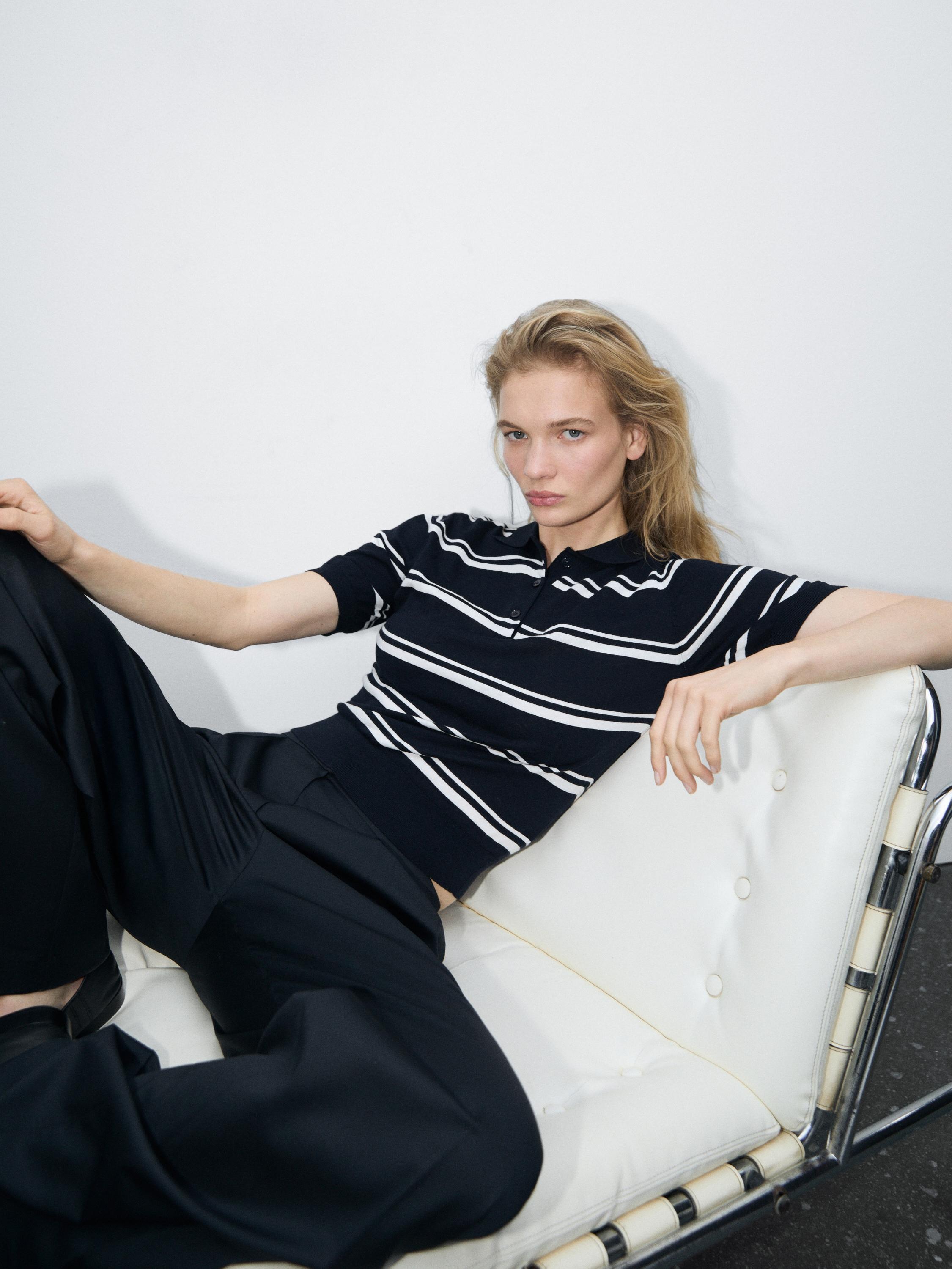 Striped cotton blend polo sweater