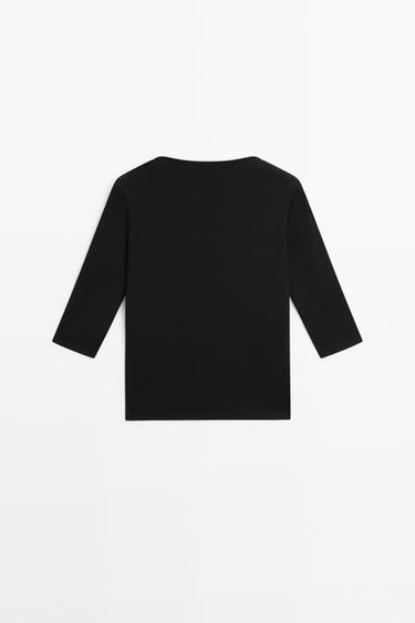 Stretch cotton blend mock neck T-shirt — BLACK 6