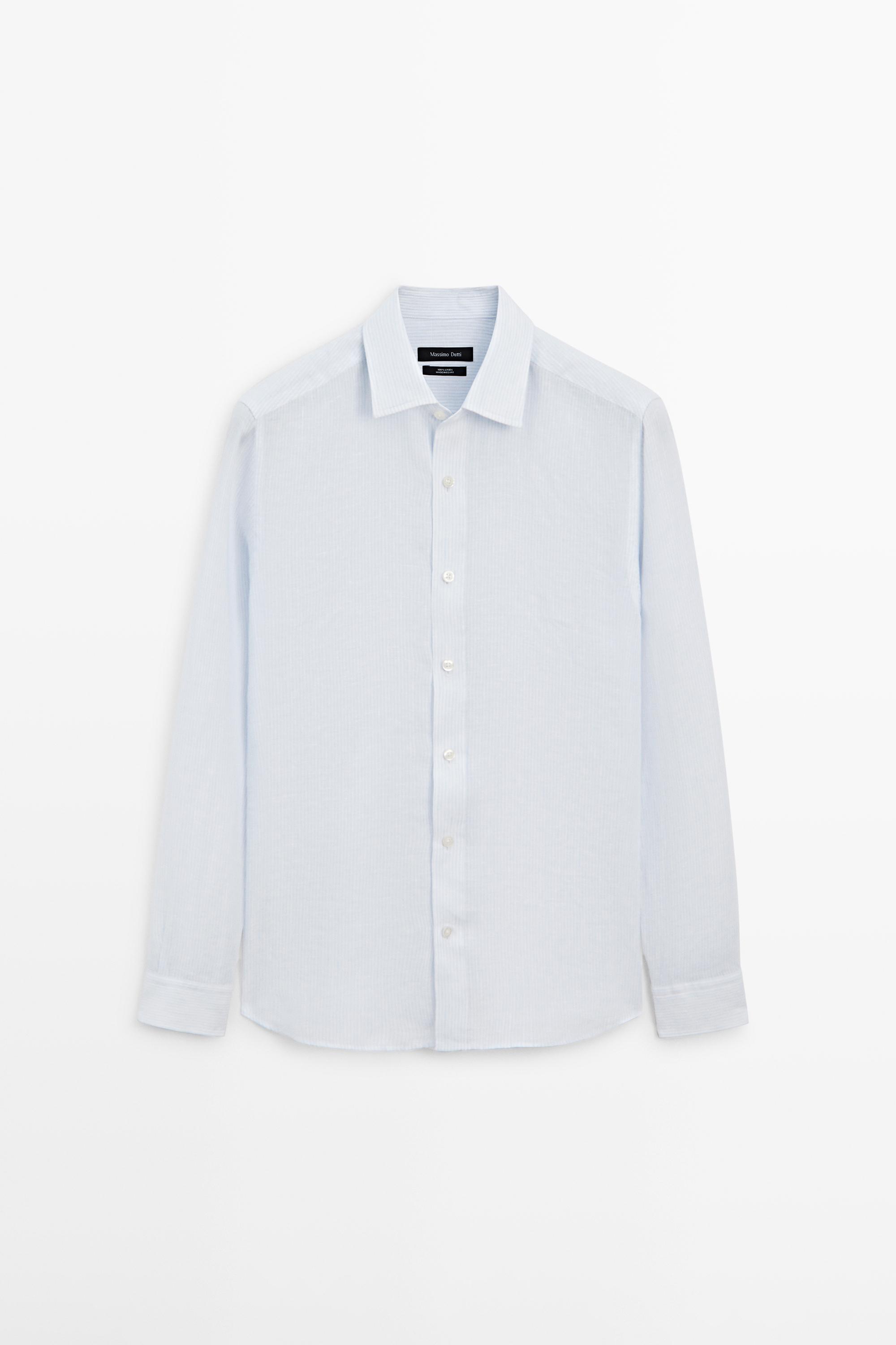 Striped slim fit linen shirt — Sky blue