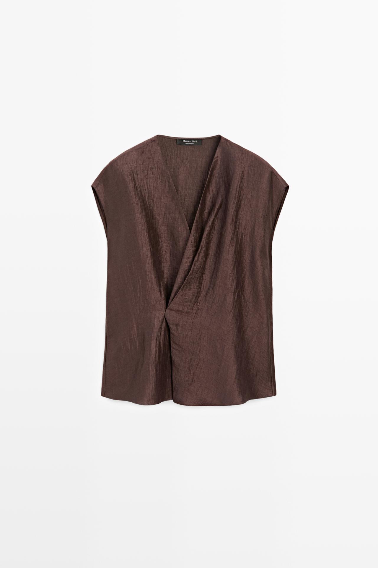 Flowing linen blend wrap blouse — BROWN