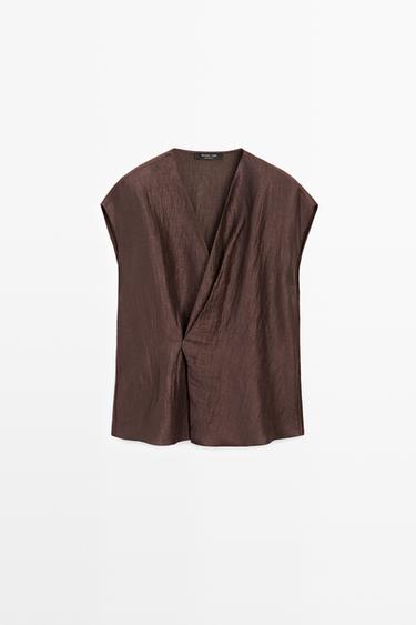 Flowing linen blend wrap blouse — BROWN 2