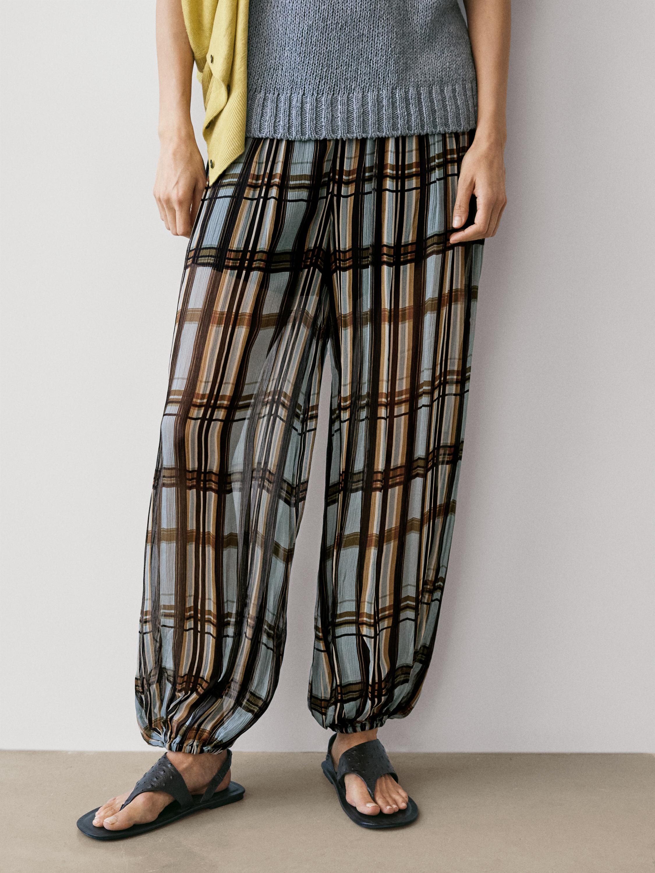 Flowing check printed sarouel trousers — Light Blue