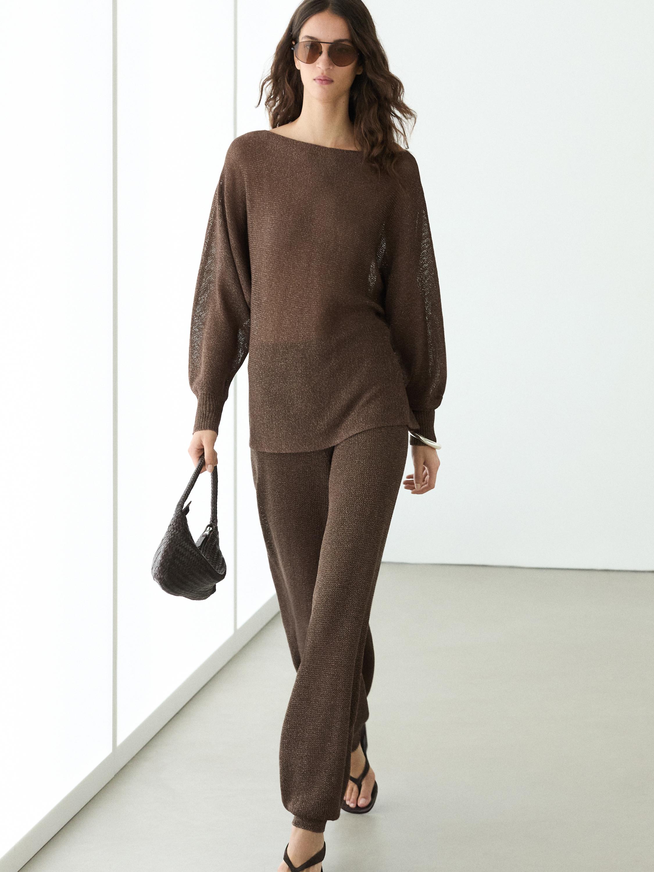 Flowing cotton blend knit sweater — BROWN