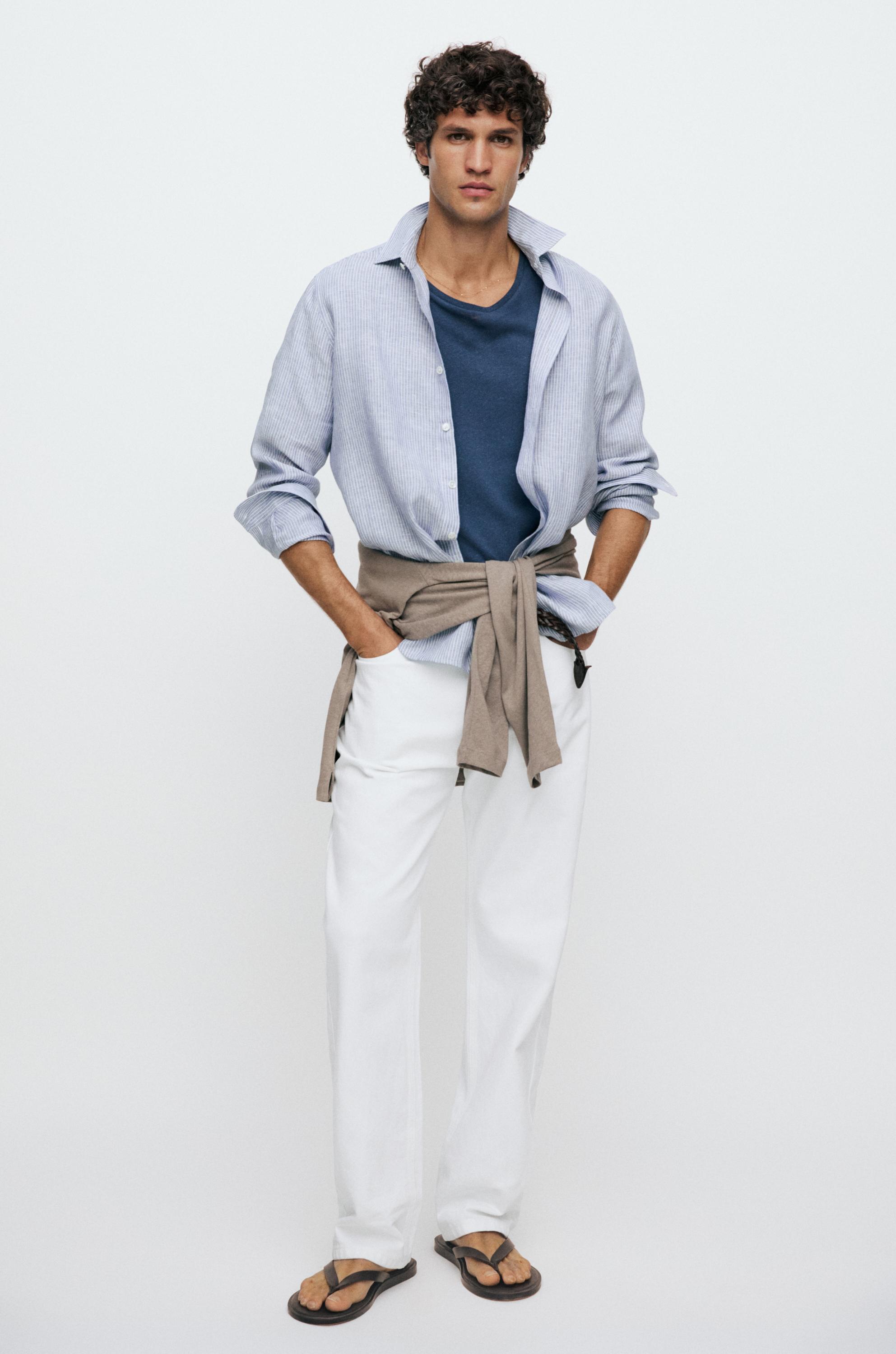 100% linen regular fit striped shirt — BLUE