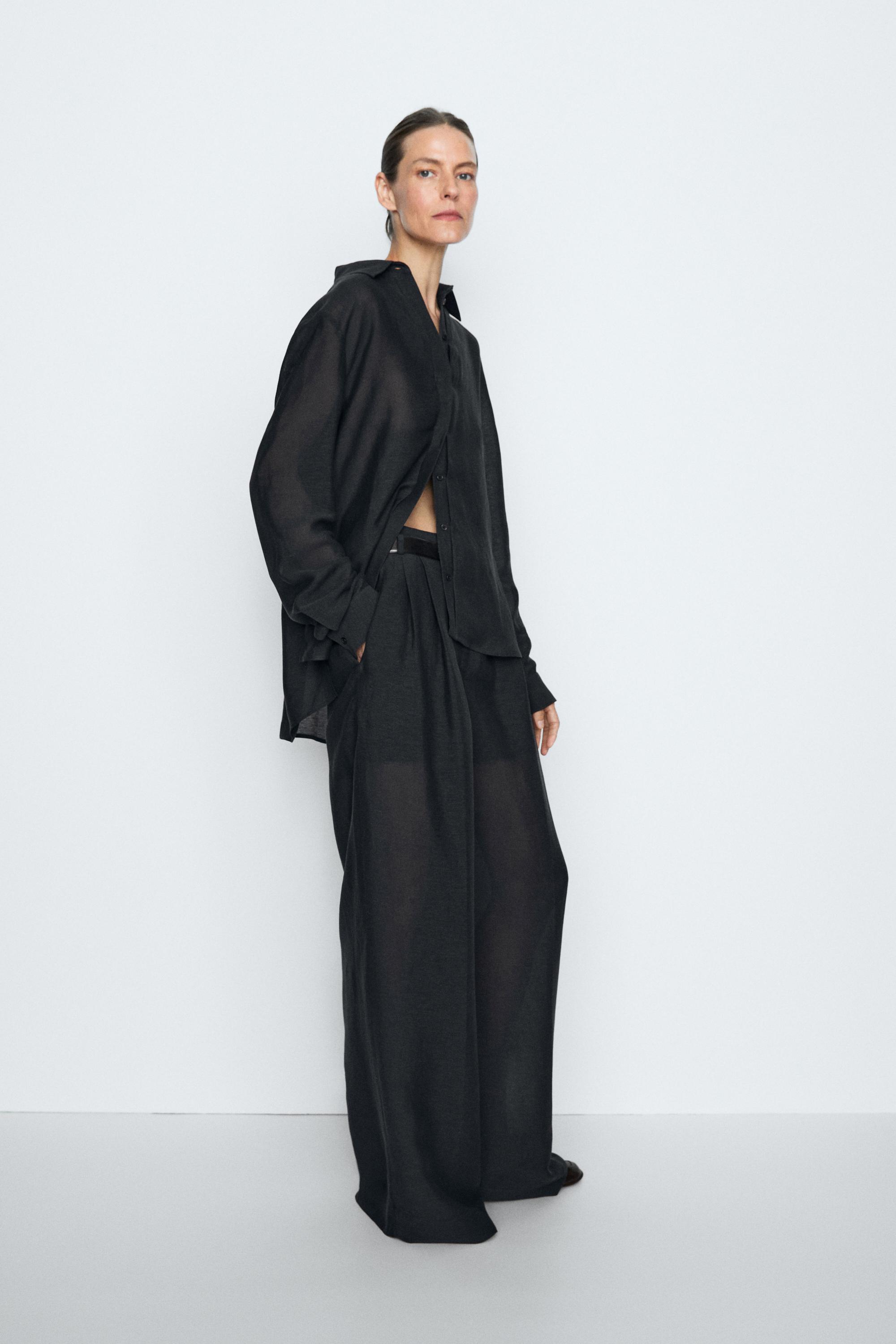 STUDIO semi-sheer flowing shirt — NAVY BLUE