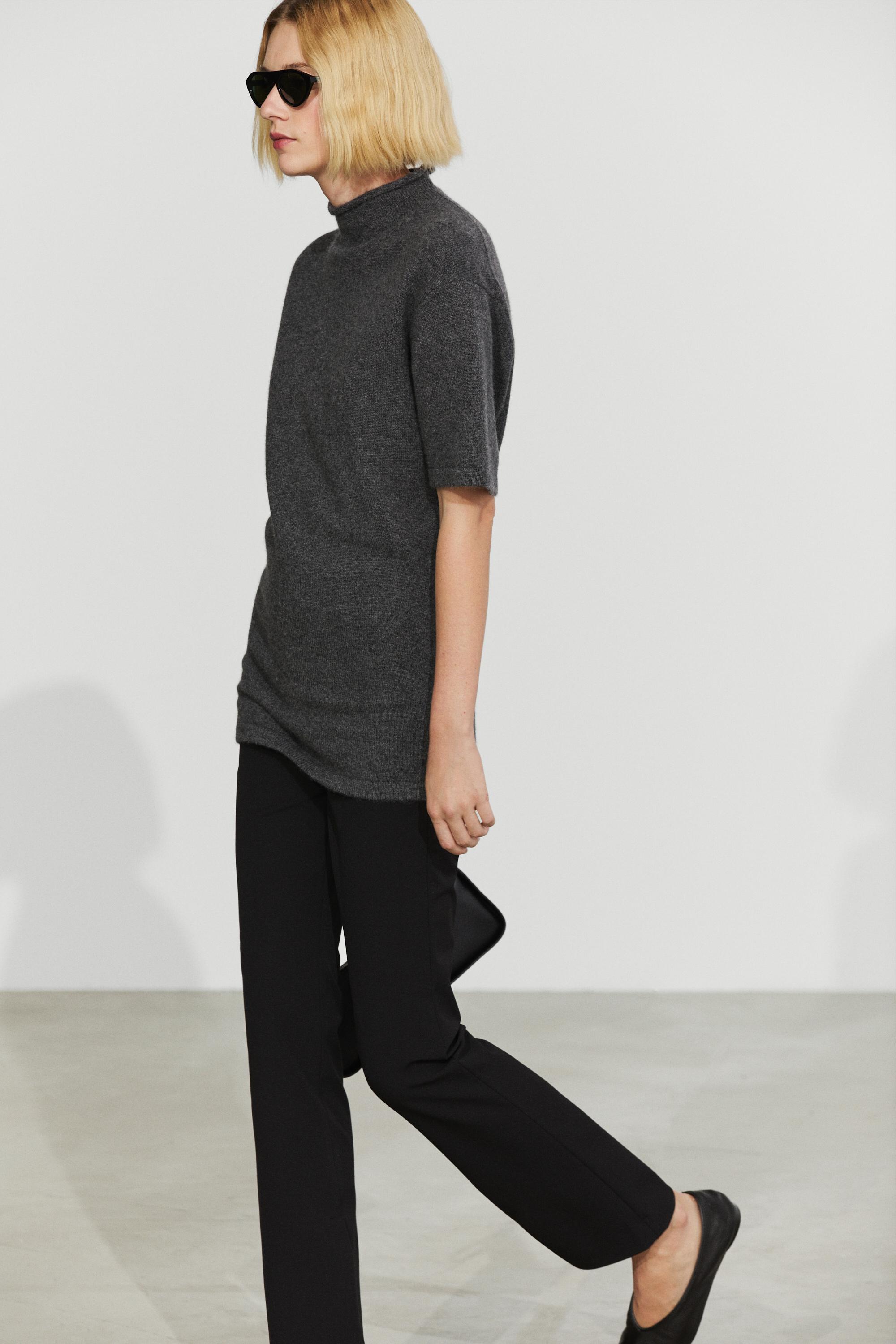 100% cashmere knit short sleeve sweater — GREY