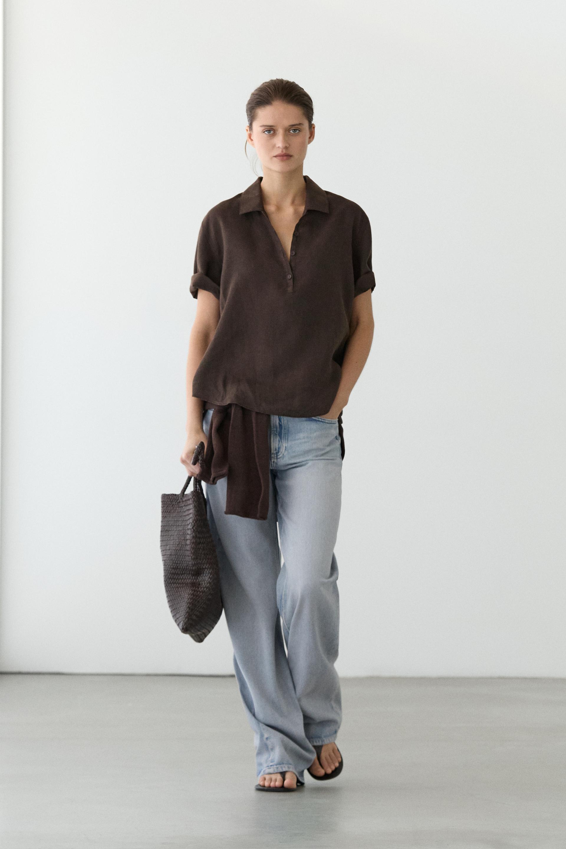 Blusa Cuello Polo Lino - Marrón - L - Massimo Dutti - Mujer