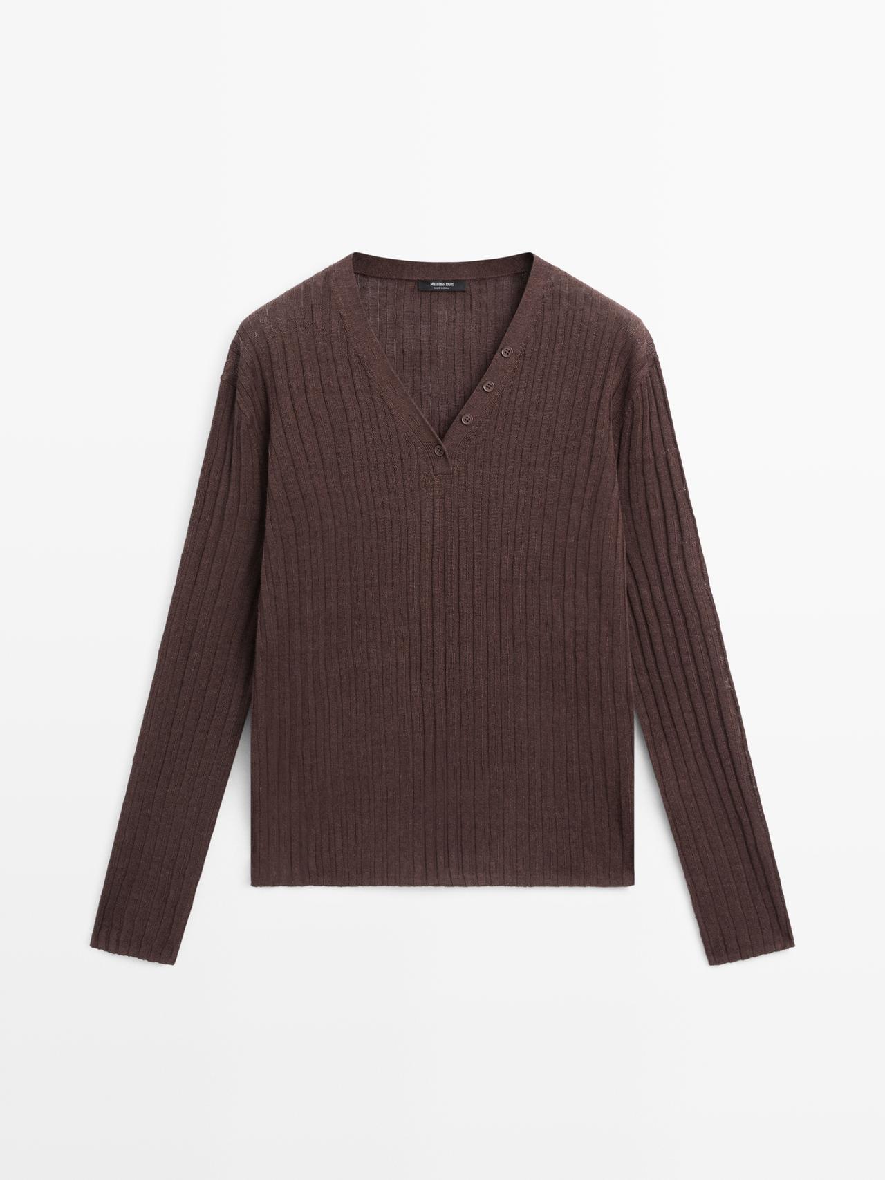 Massimo Dutti - Dame - Striktrøje I 100 % Hør Med Knapdetaljer - Chokolade - L