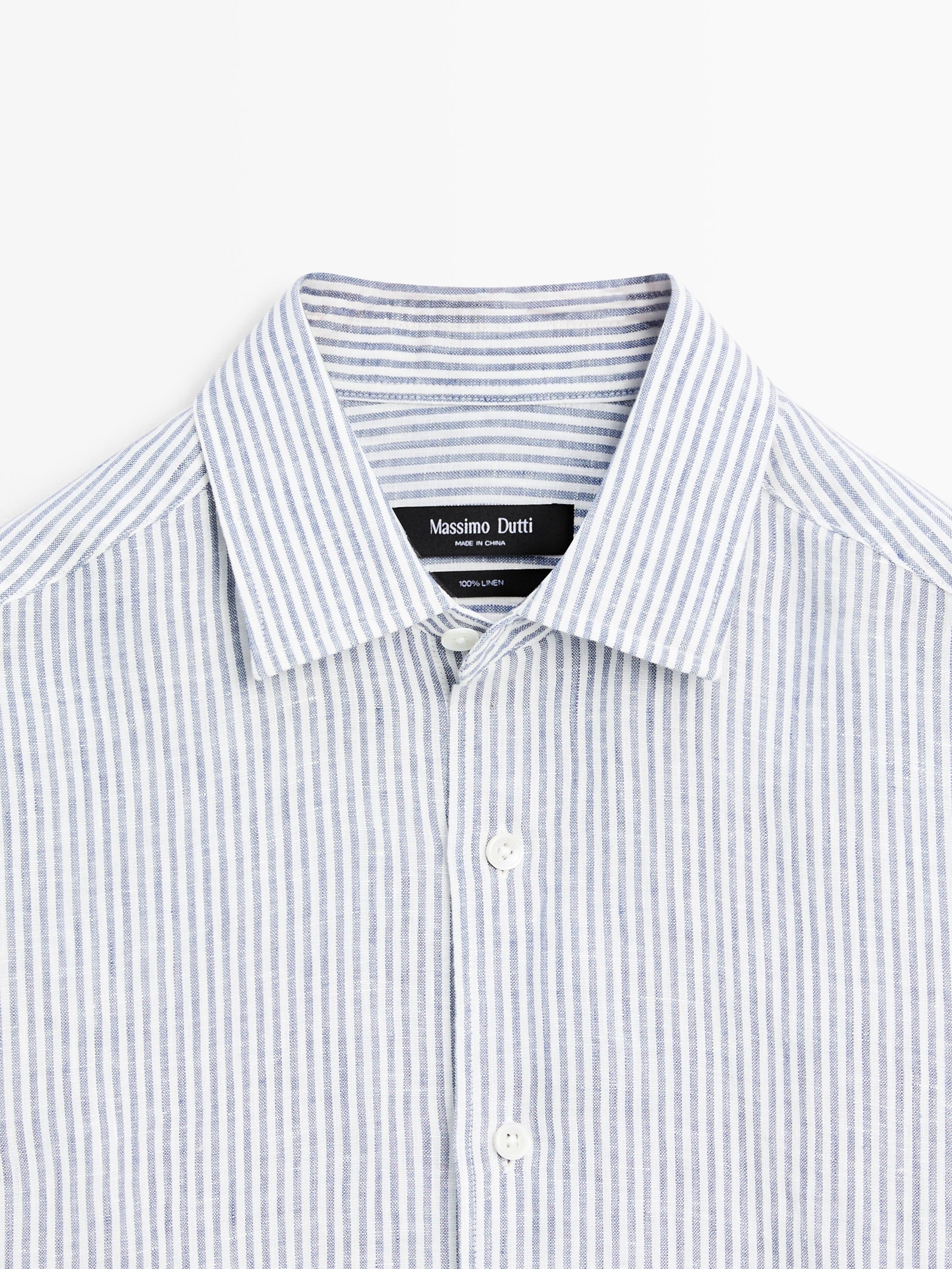 Striped slim fit linen shirt — BLUE