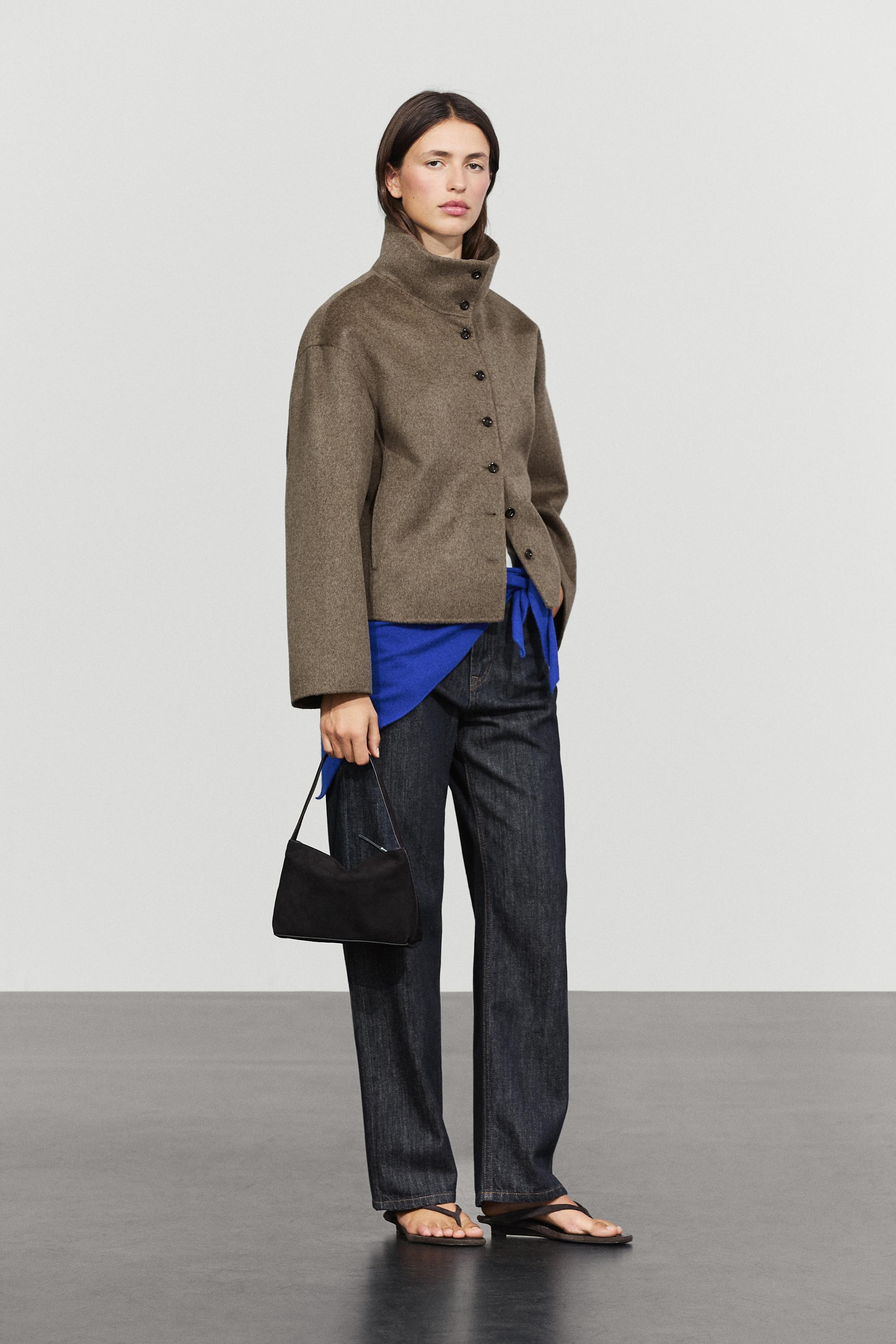Wool blend stand collar jacket — BROWN