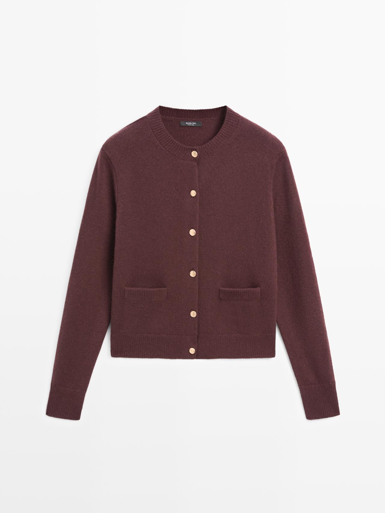 Massimo Dutti - Dame - Cardigan I Strik Med Guldknapper - Granatrød - L