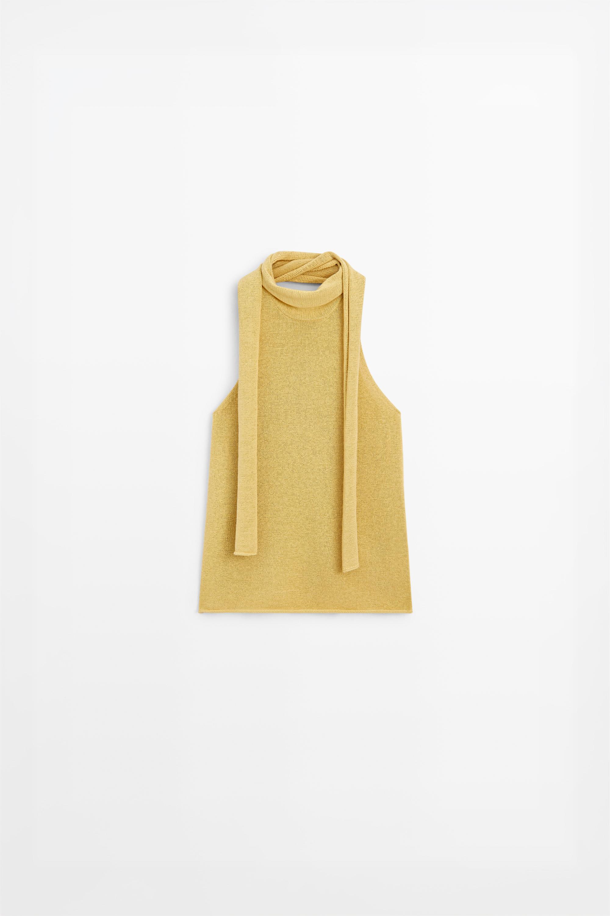 Linen blend halter top with tie detail — LIME