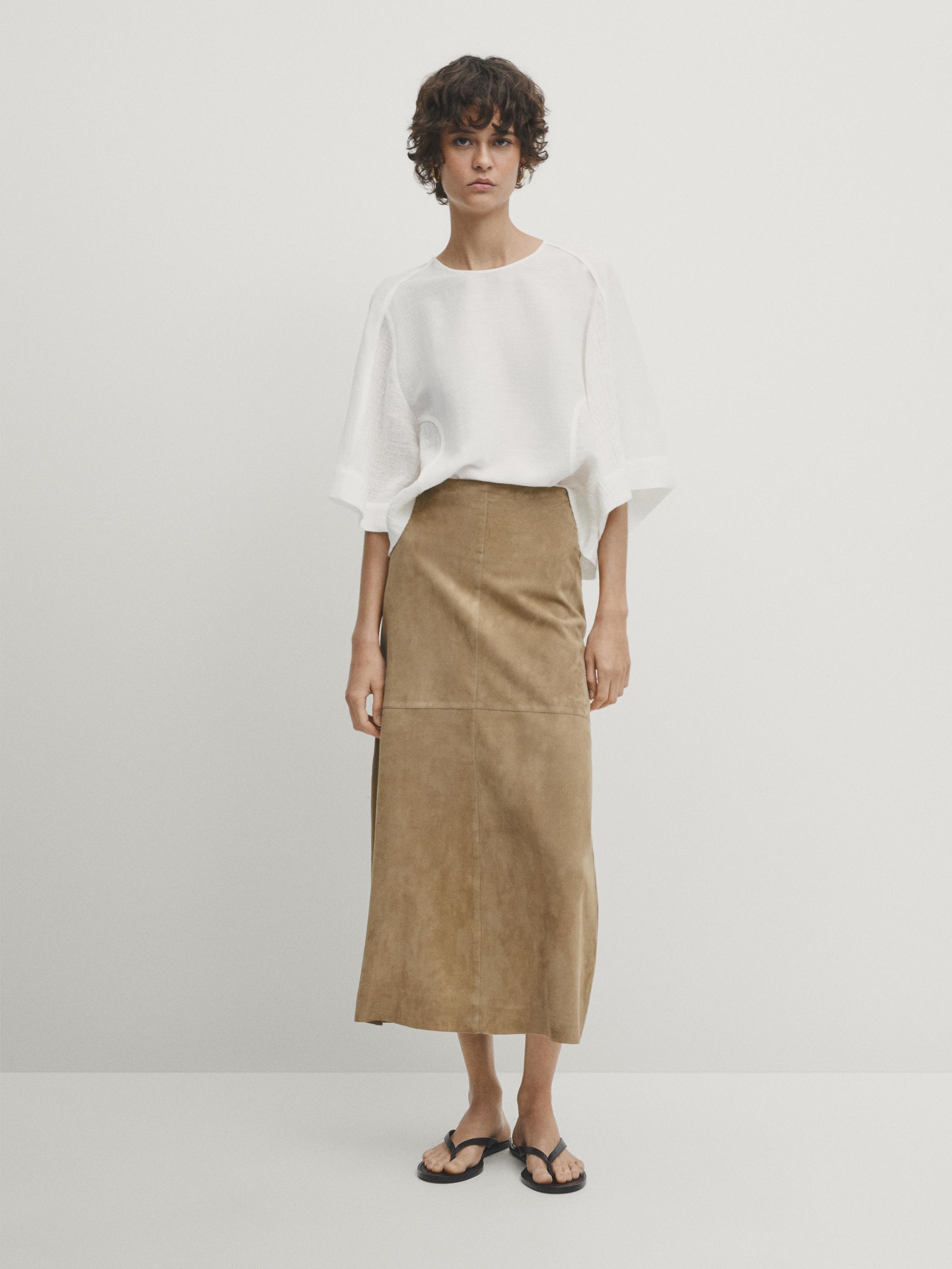 Straight fit suede leather midi skirt Stone Skirts Massimo Dutti