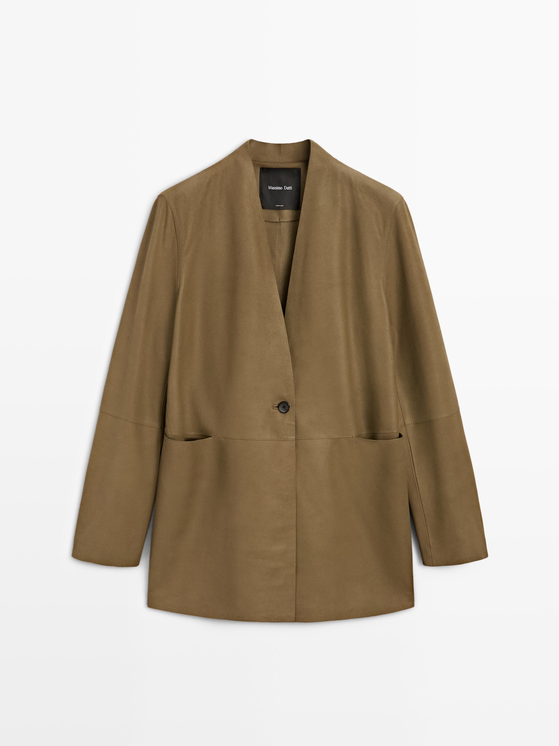 100% suede leather blazer with button detail - STUDIO — KHAKI