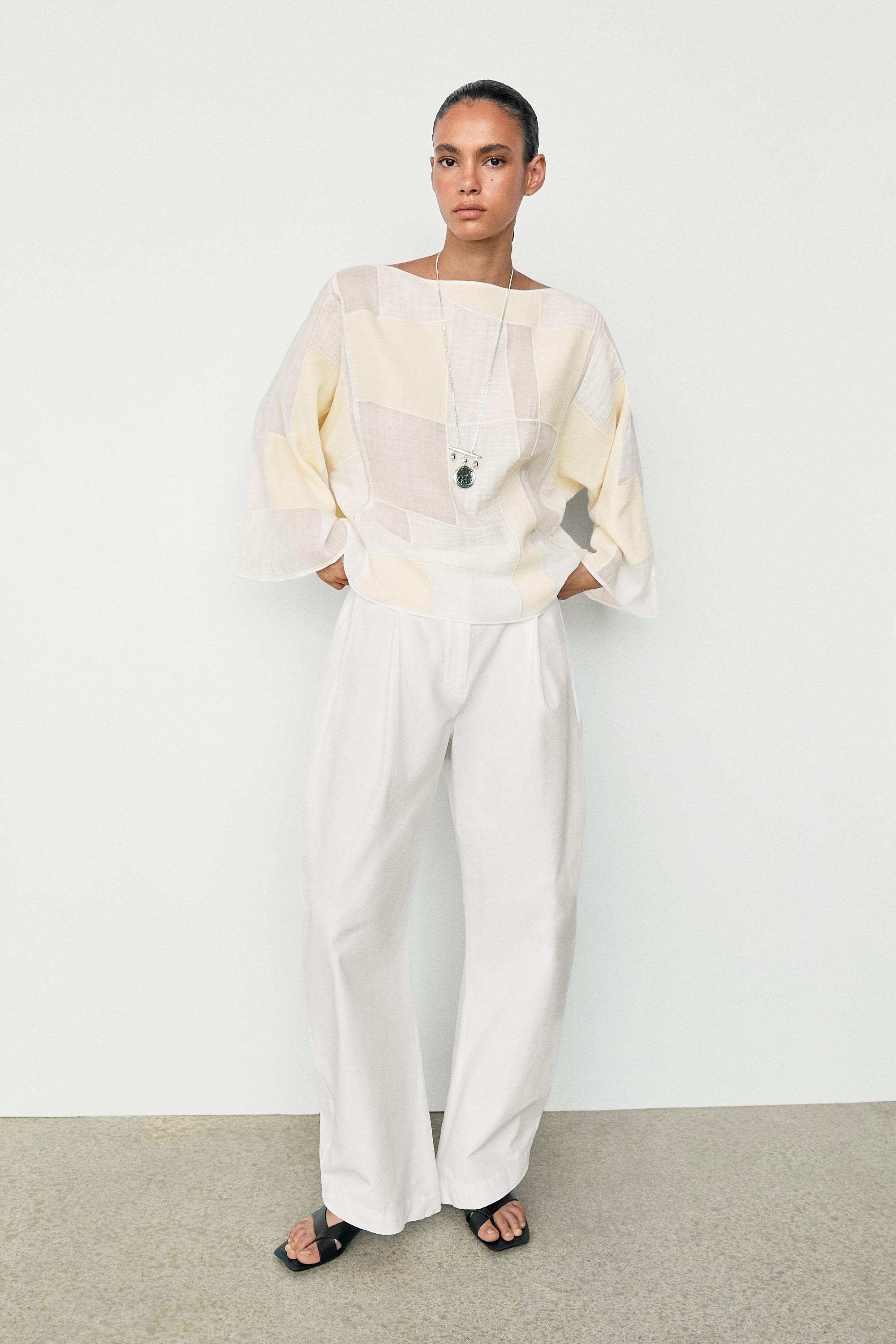 Patchwork print boat neck blouse — Off white