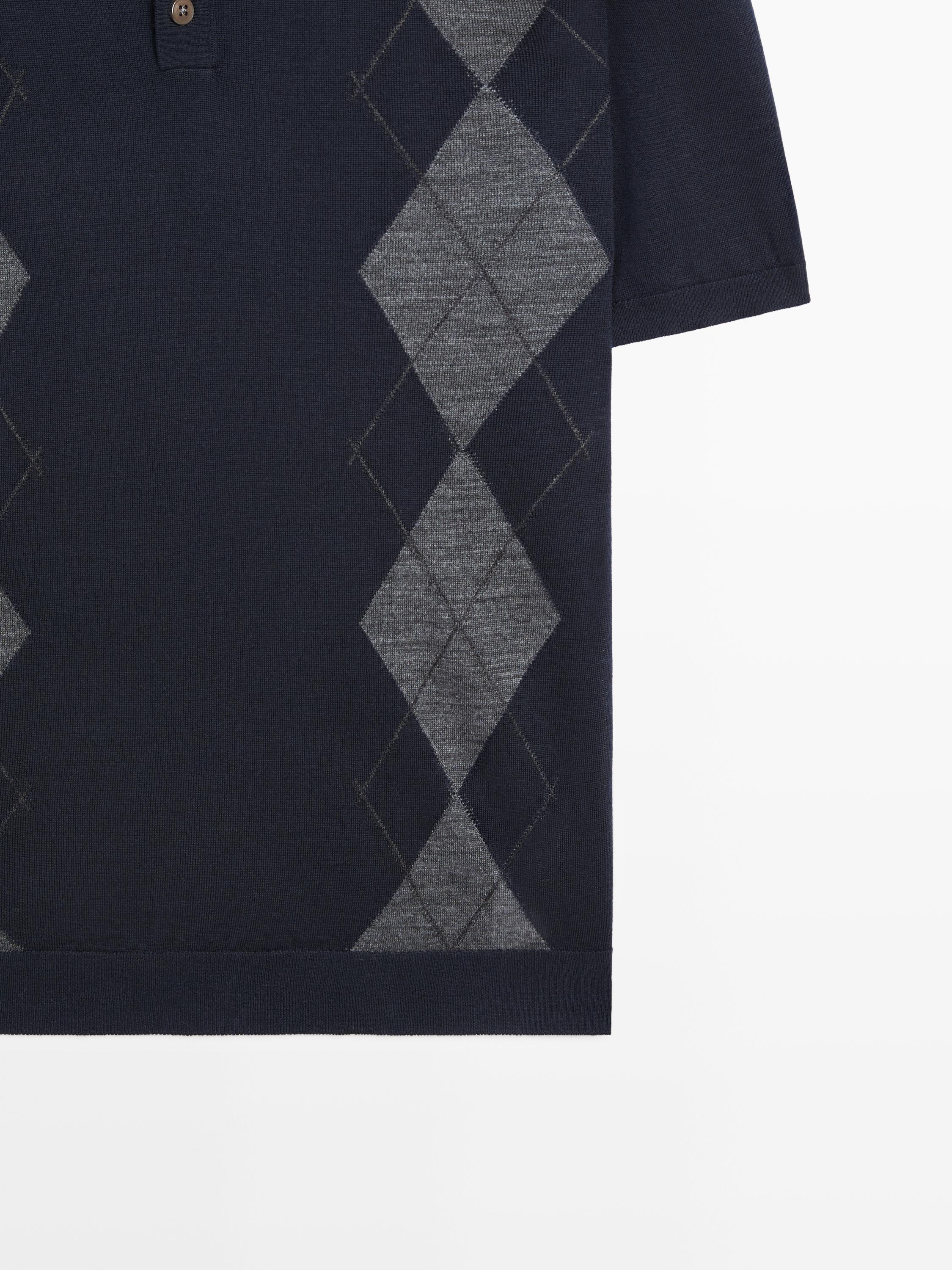 Merino wool blend argyle knit polo sweater — NAVY BLUE