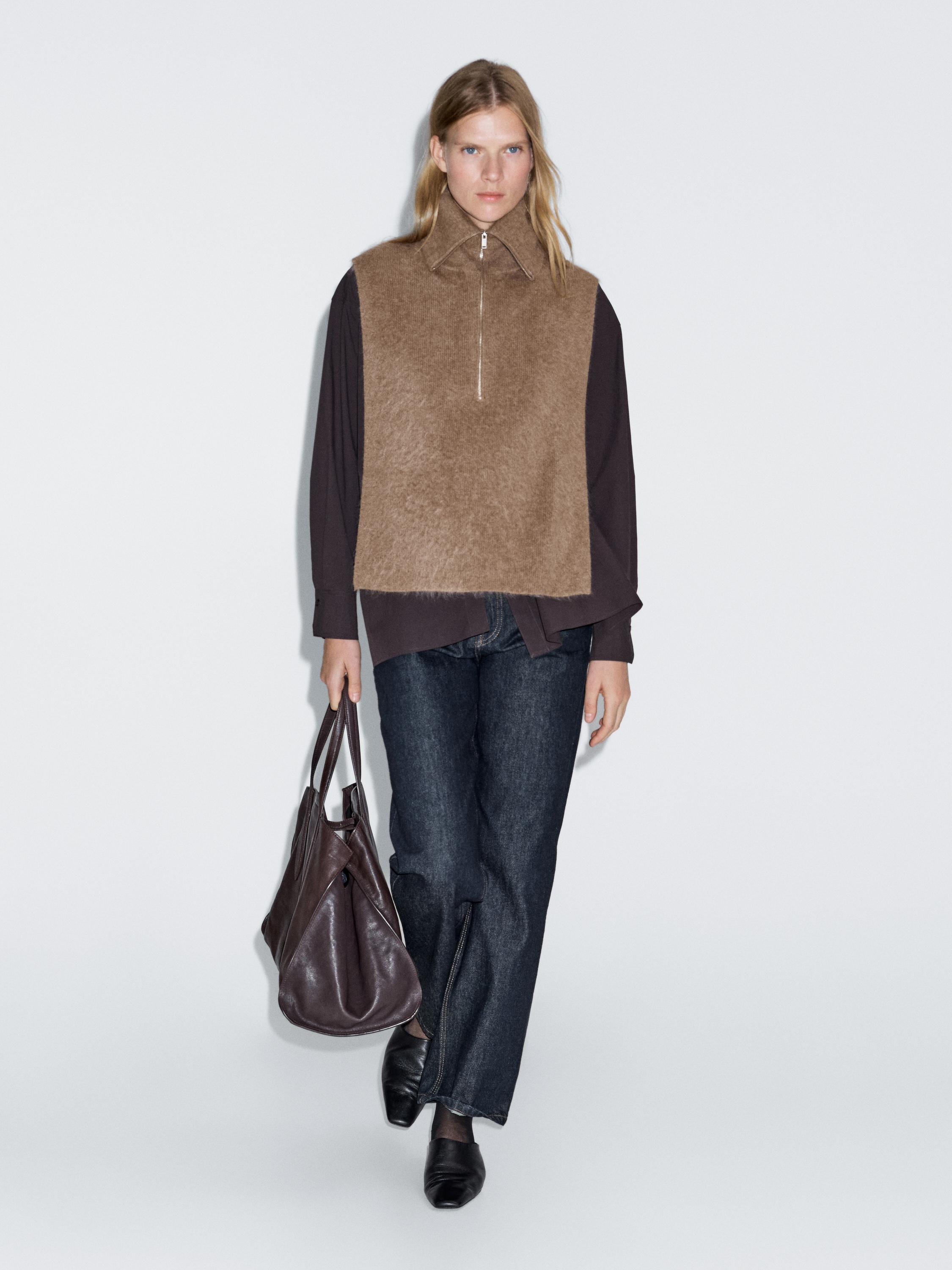 Long 100% cashmere zipped chest bag · Grey, Beige · Scarf