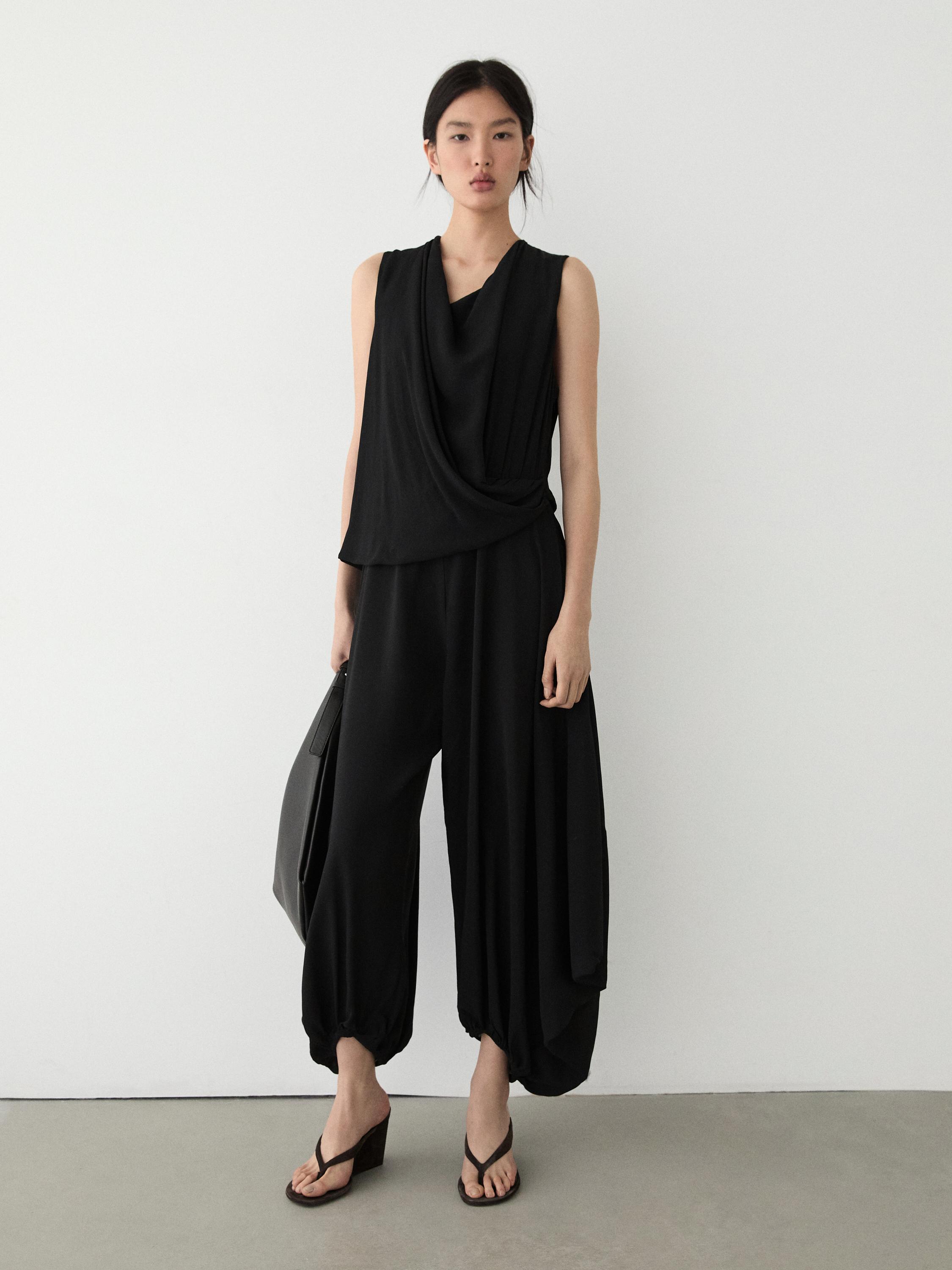 Flowing semi-sheer jumpsuit dress — BLACK