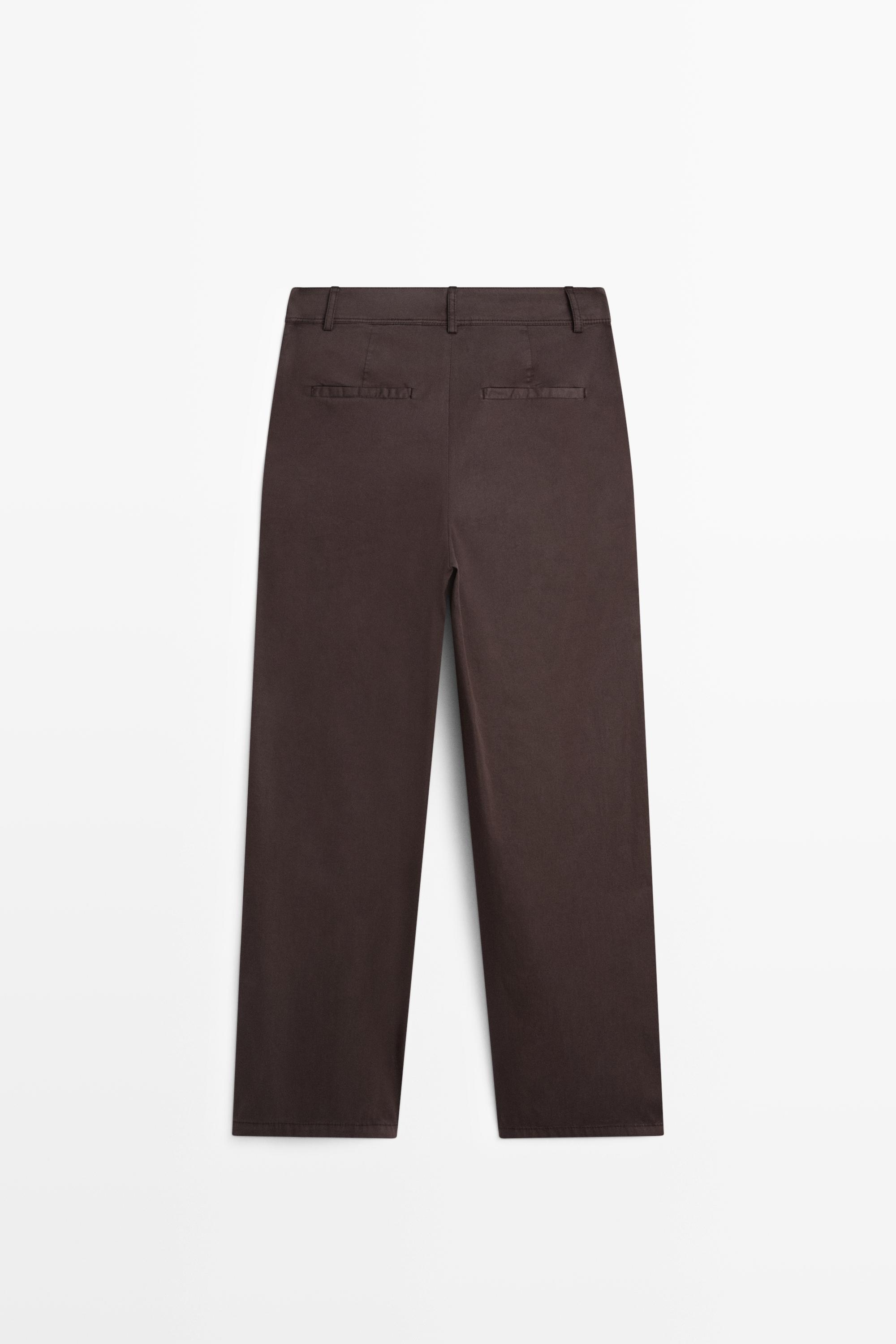 Cotton blend poplin pleated pants — Chocolate