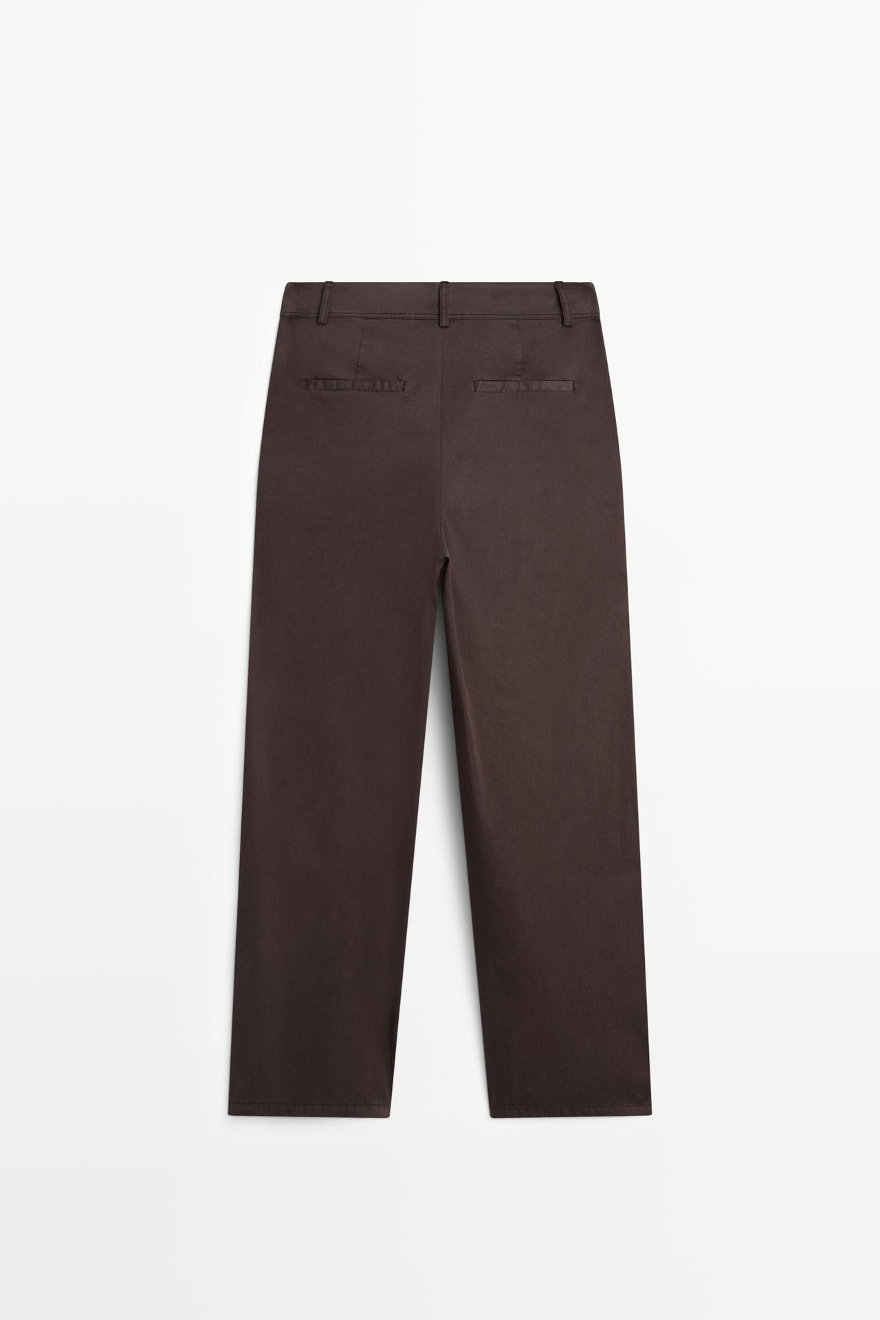 Cotton blend poplin pleated pants — Chocolate