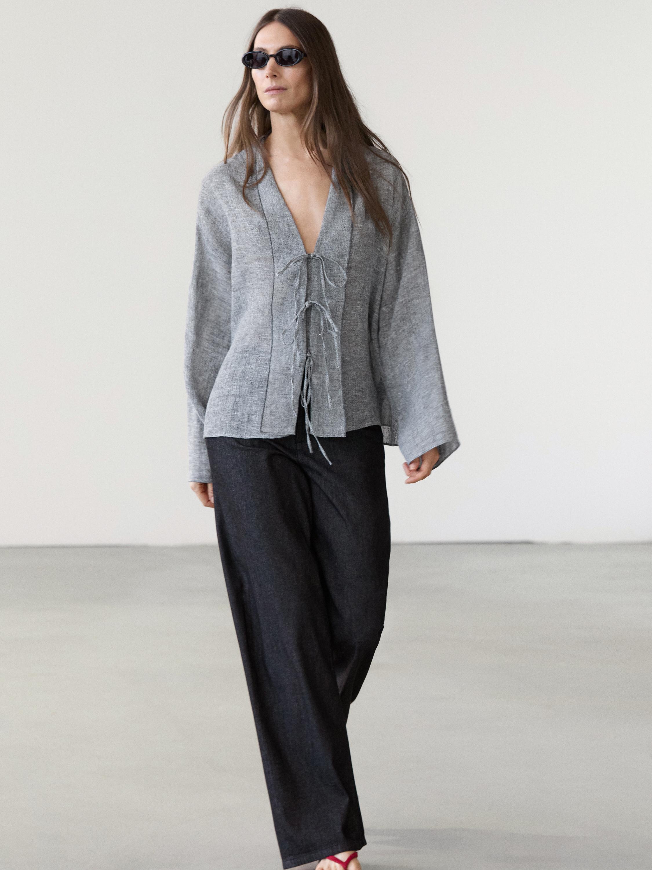 Linen blend blouse with tie details — 0-881