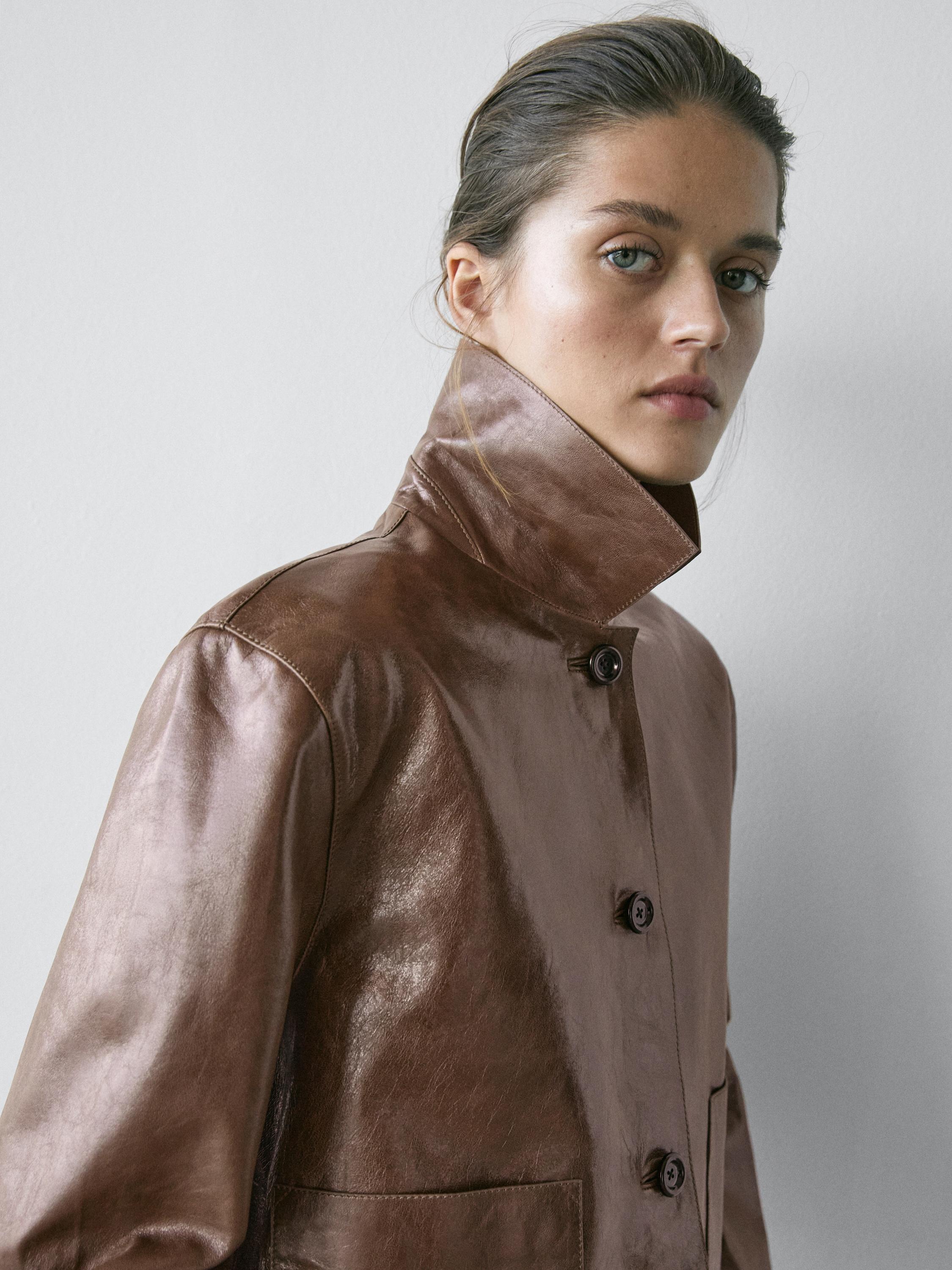 Cropped nappa leather jacket — MOLE BROWN