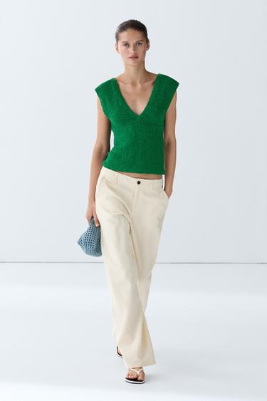 Cotton blend V-neck knit top — GREEN 1