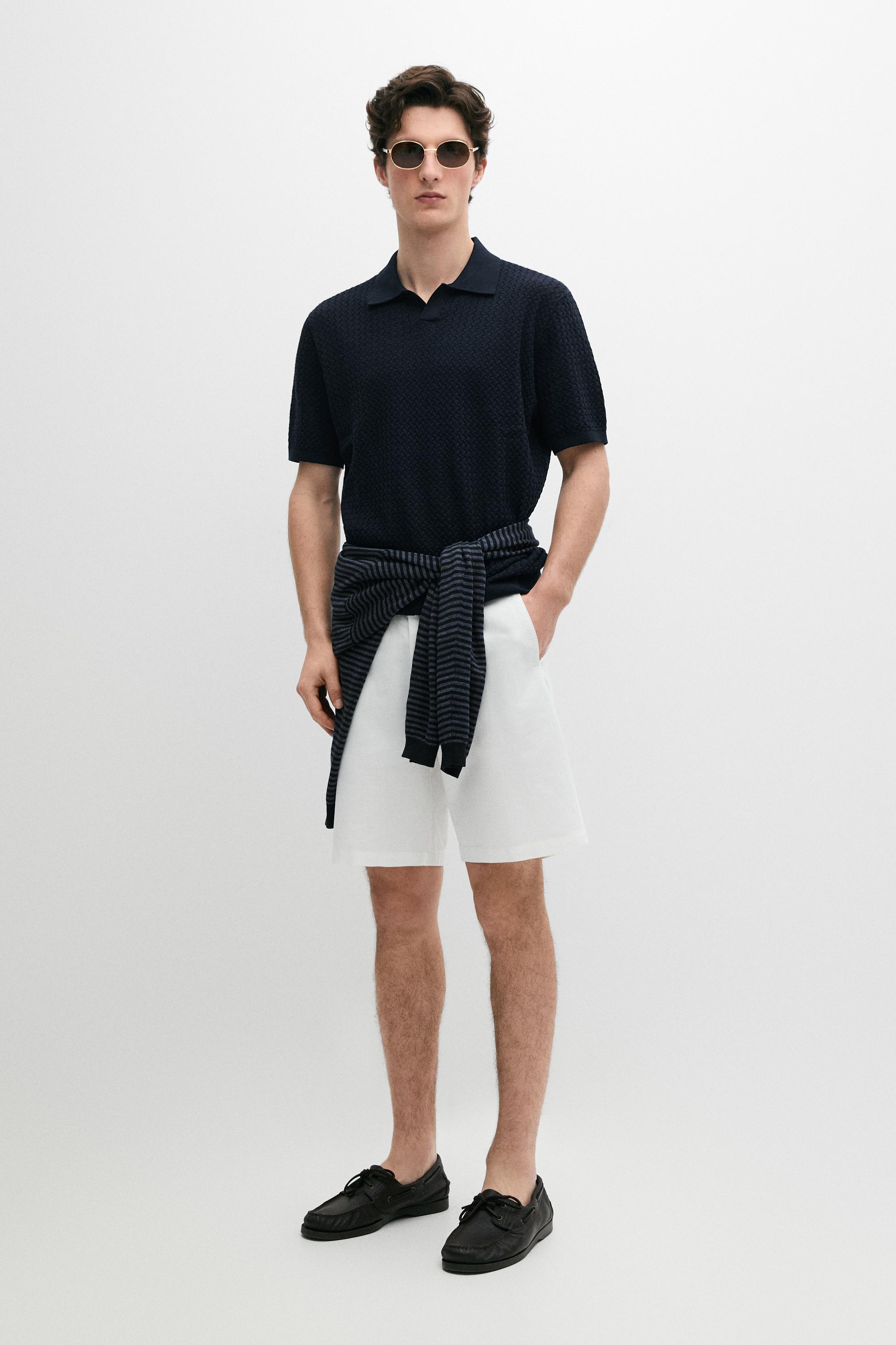 Cable-knit V-neck polo shirt — NAVY BLUE