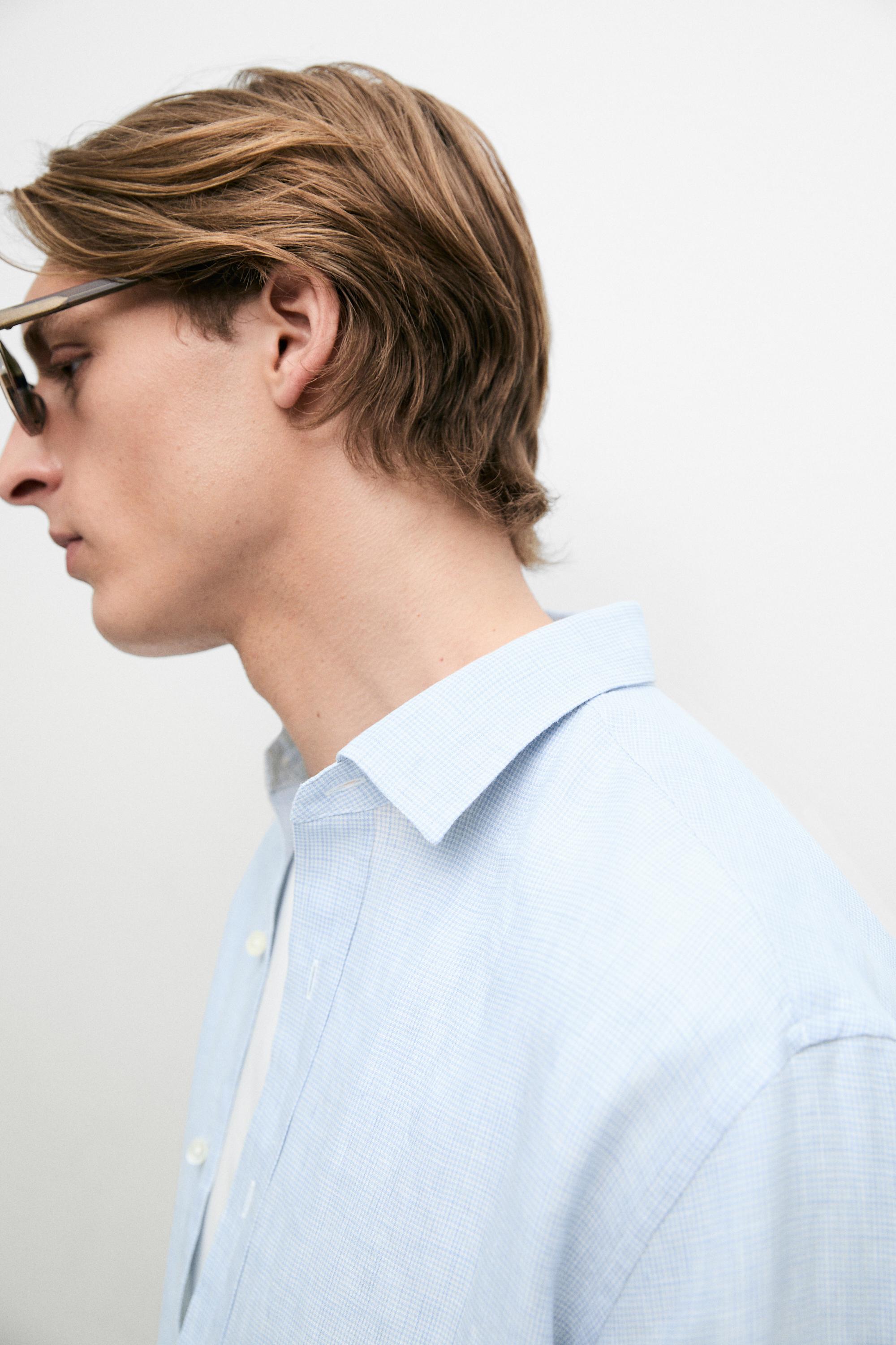 100% linen regular fit check shirt — Sky blue