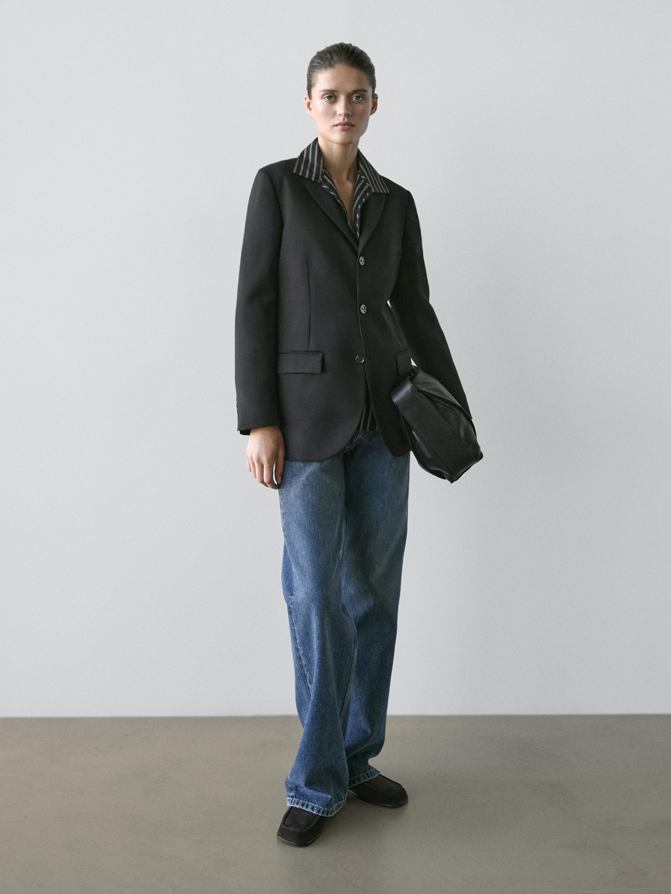 100% wool three-button blazer — BLACK