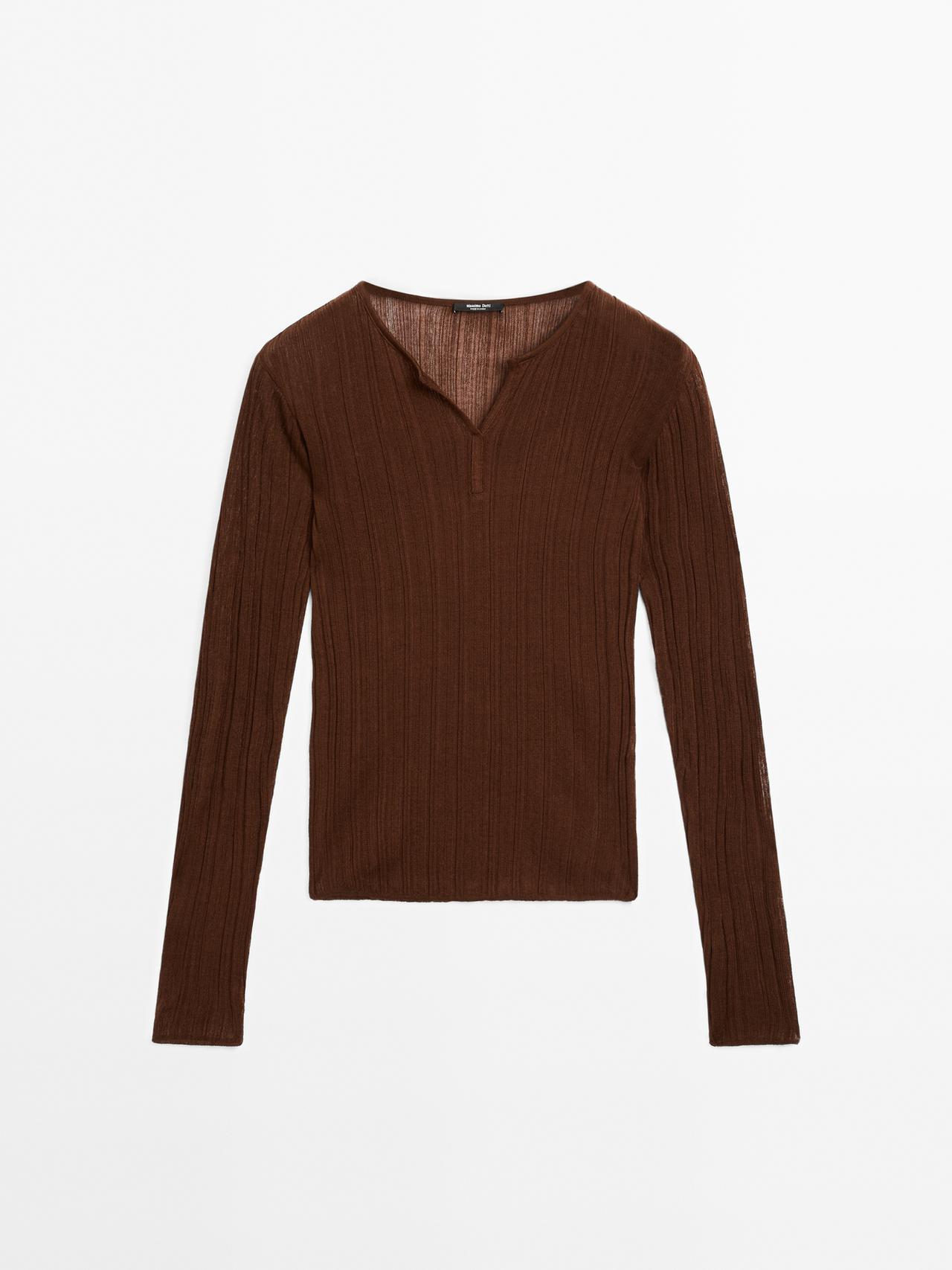 Massimo Dutti - Dame - Langærmet T-Shirt I Rib - Vinrød - Xs