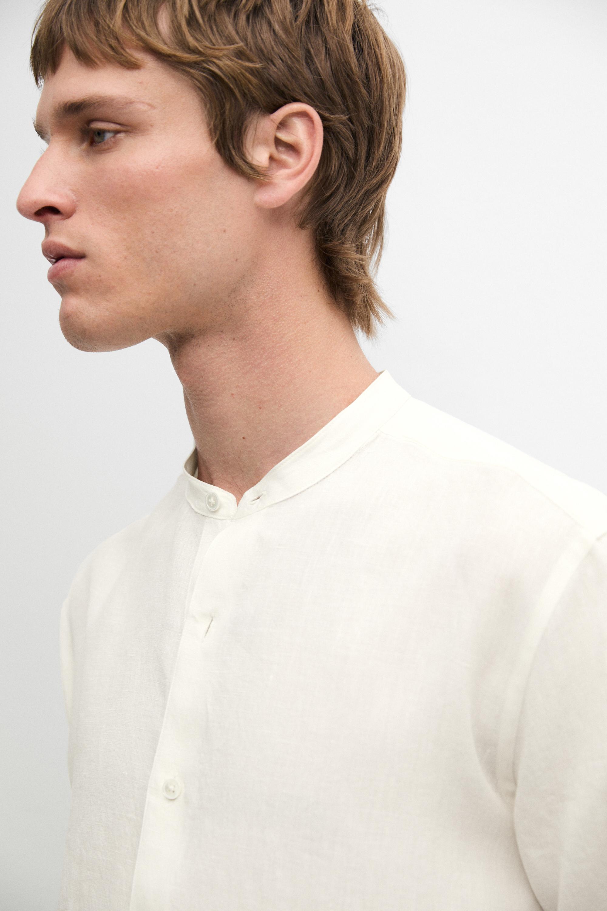 100% linen regular fit shirt with stand collar — CREAM
