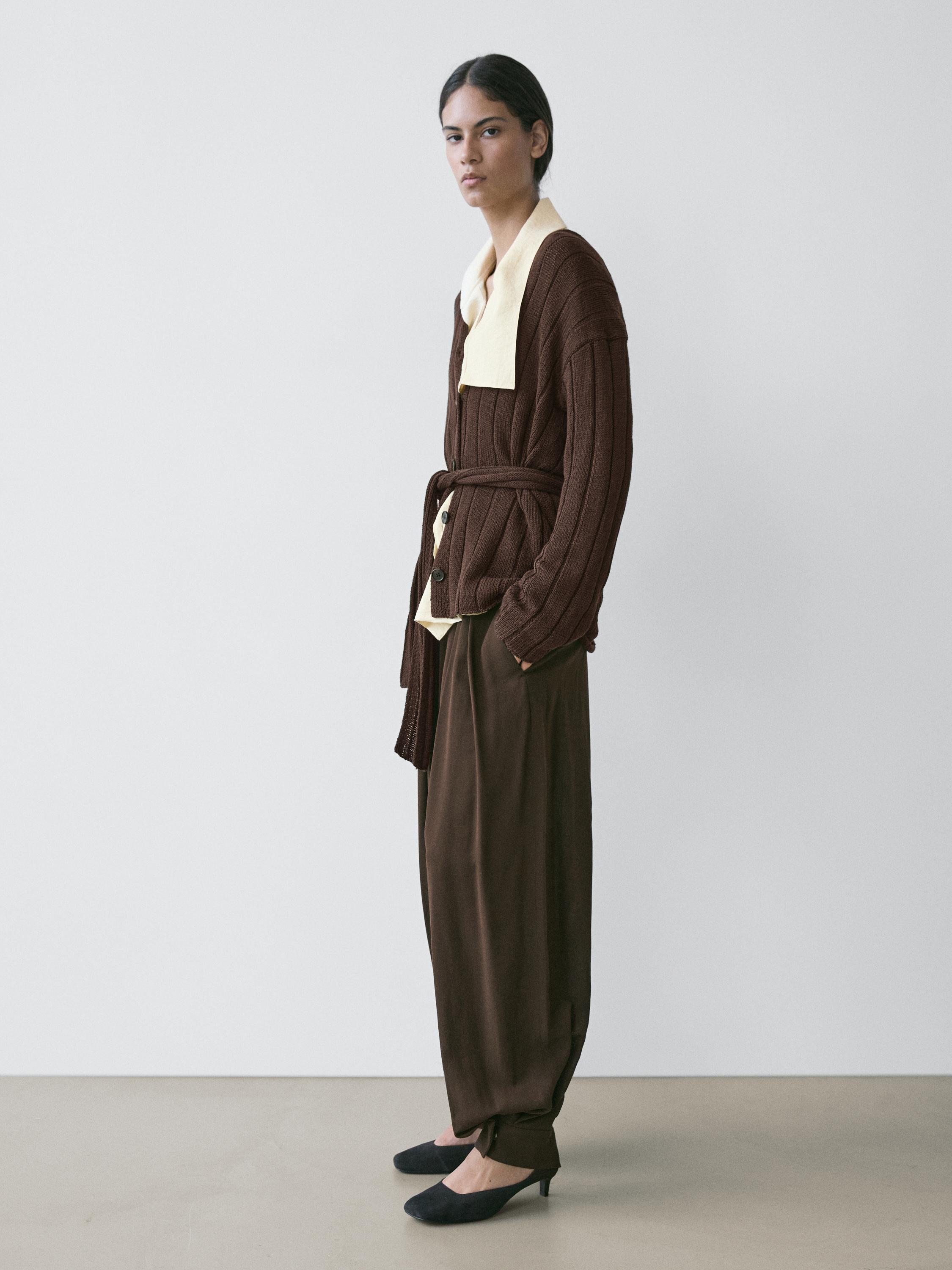 Knit cardigan with waist detail — Chocolate