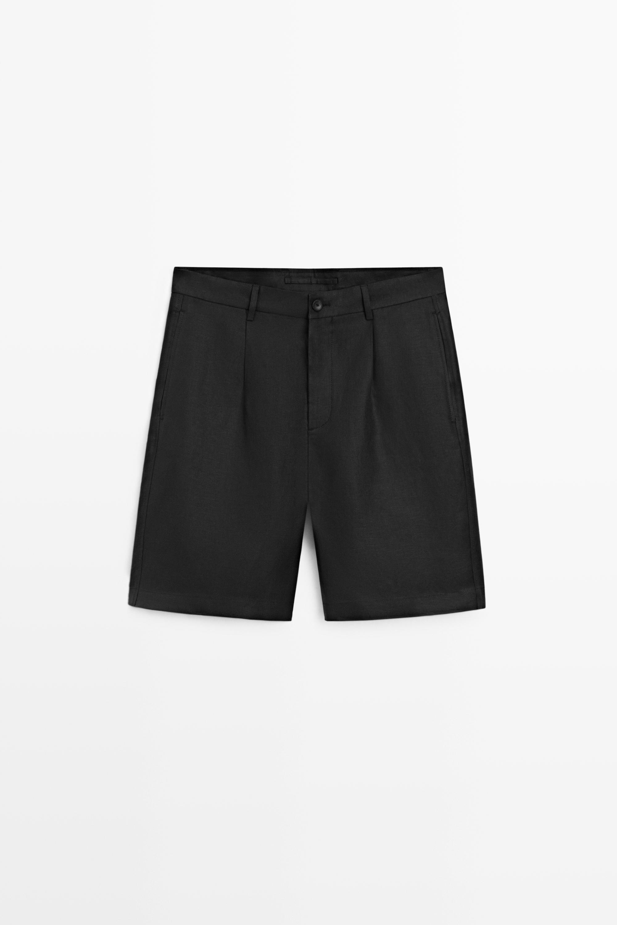 Linen Bermuda shorts with darts — BLACK