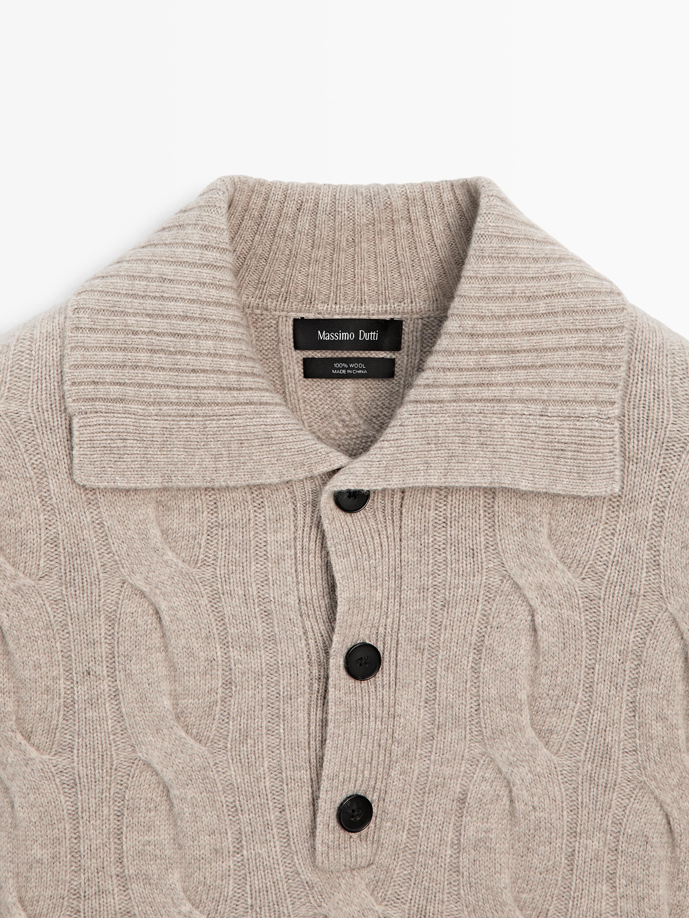 Wool cable-knit polo sweater — Sand