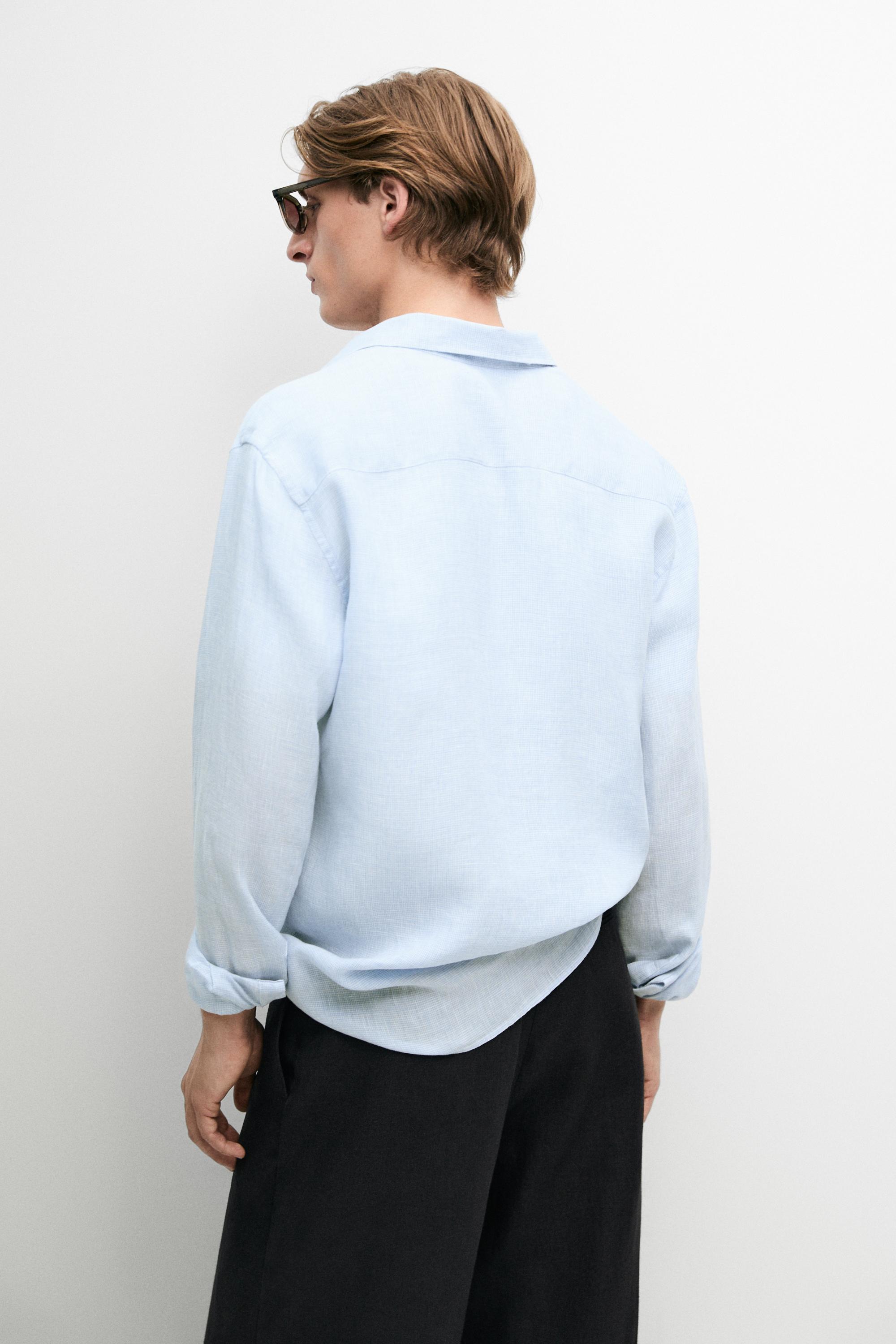 100% linen regular fit check shirt — Sky blue