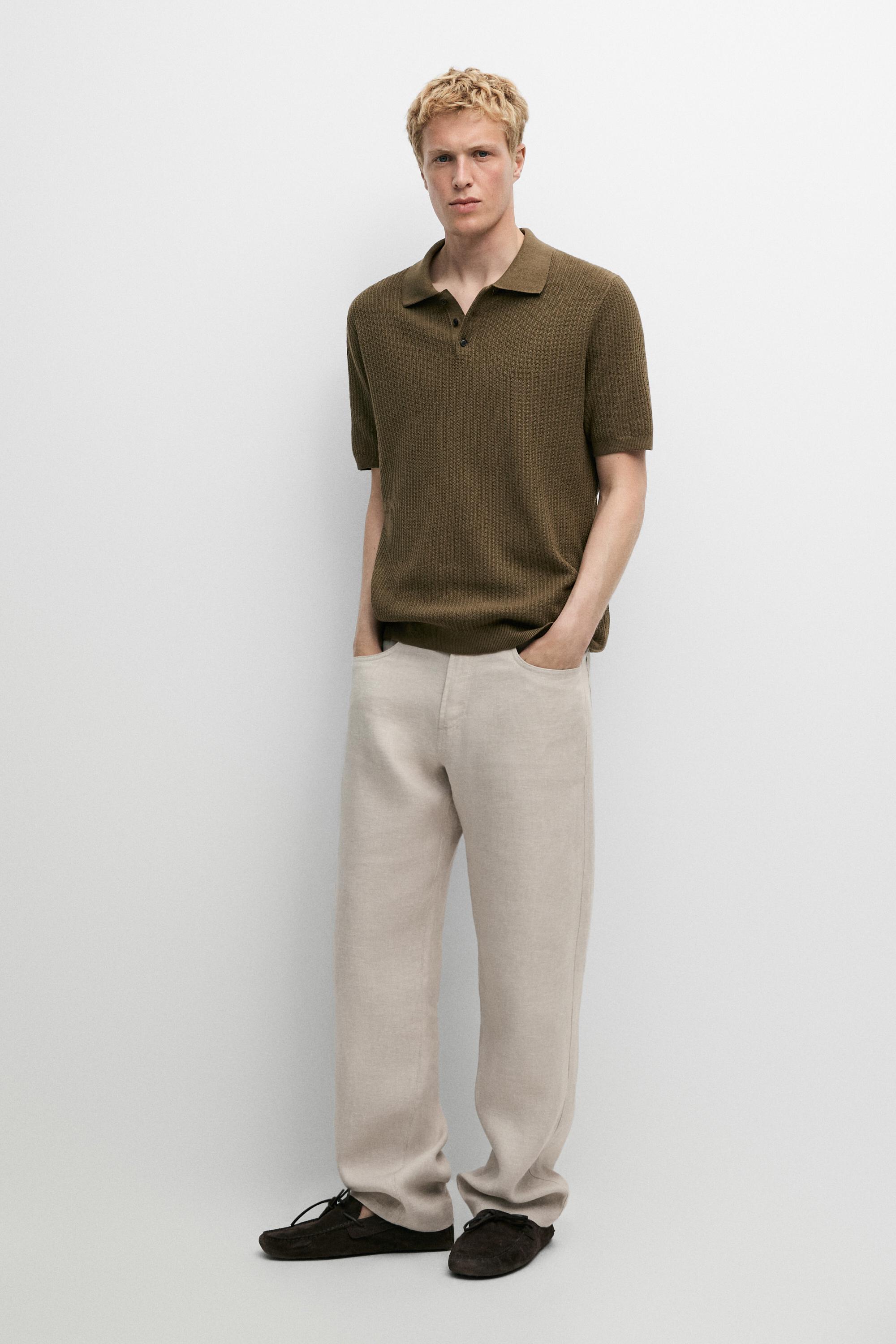 100% cotton textured knit polo sweater — KHAKI