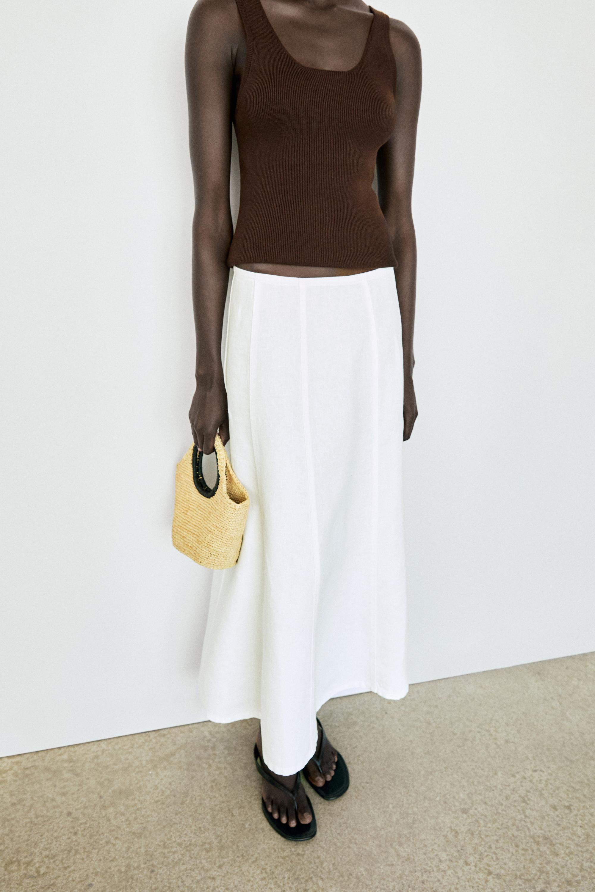 100% linen denim-effect midi skirt — Off white