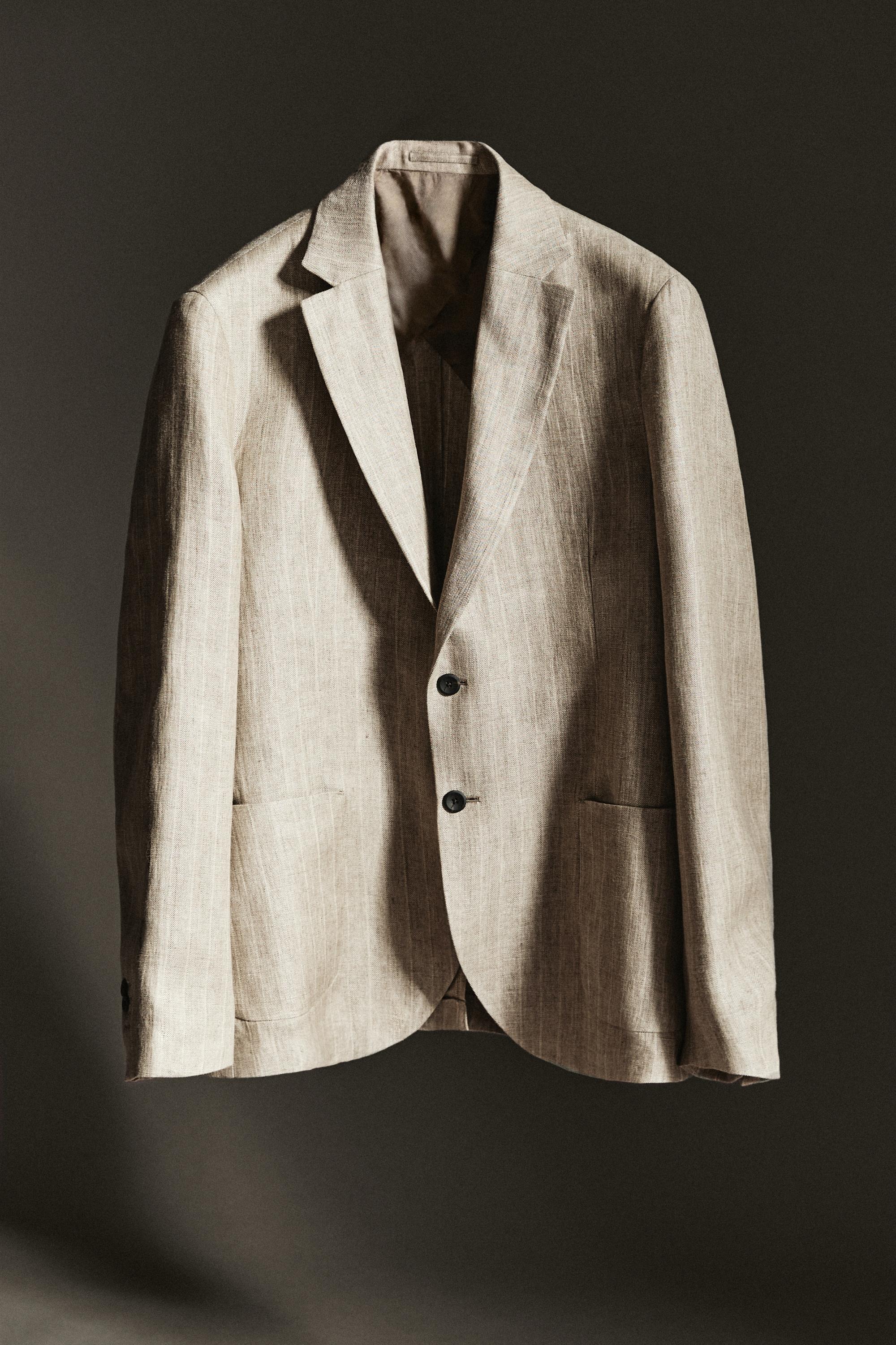 Linen herringbone stripe blazer — BEIGE