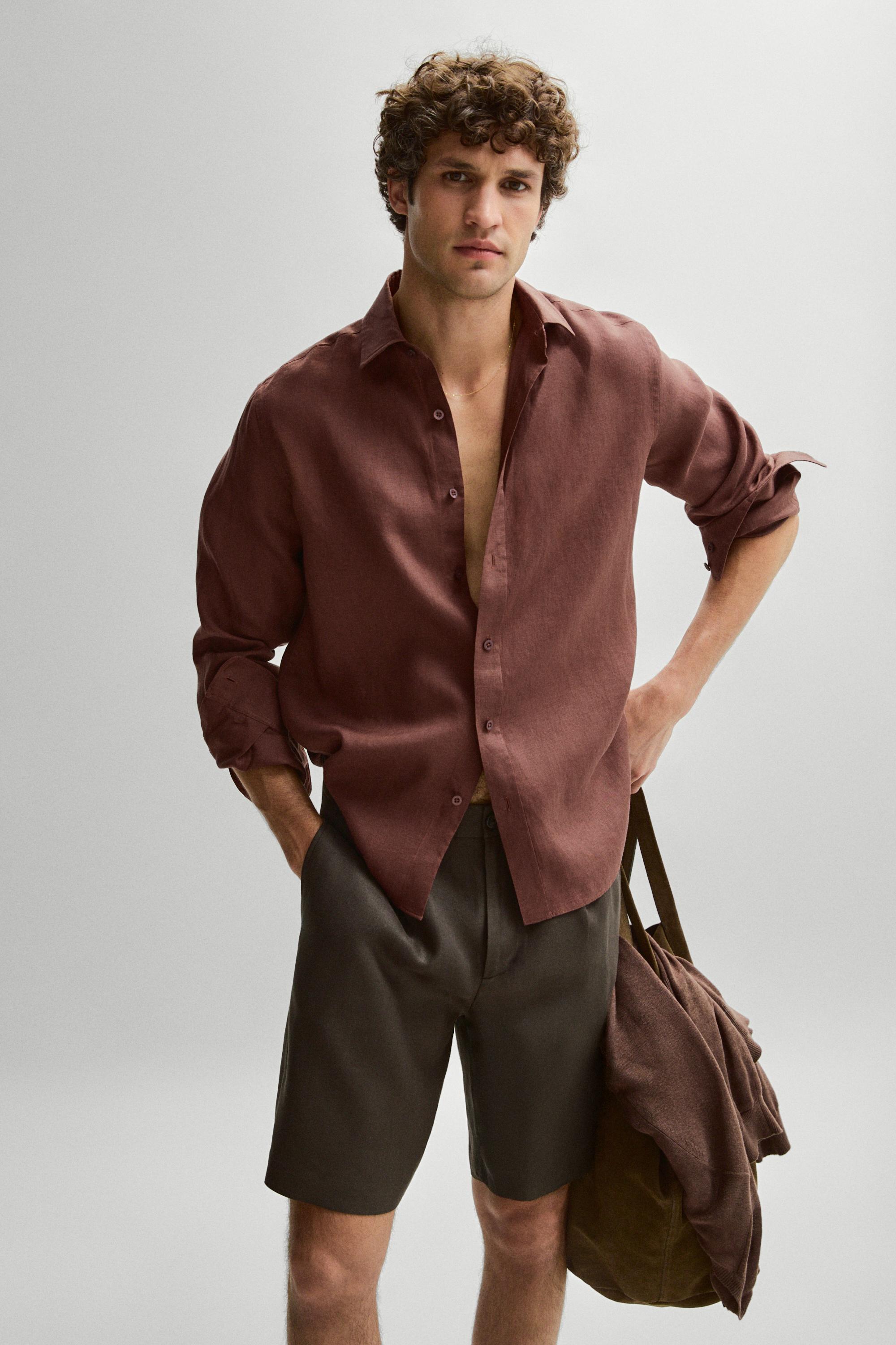 Slim fit 100% linen shirt — DARK MAROON