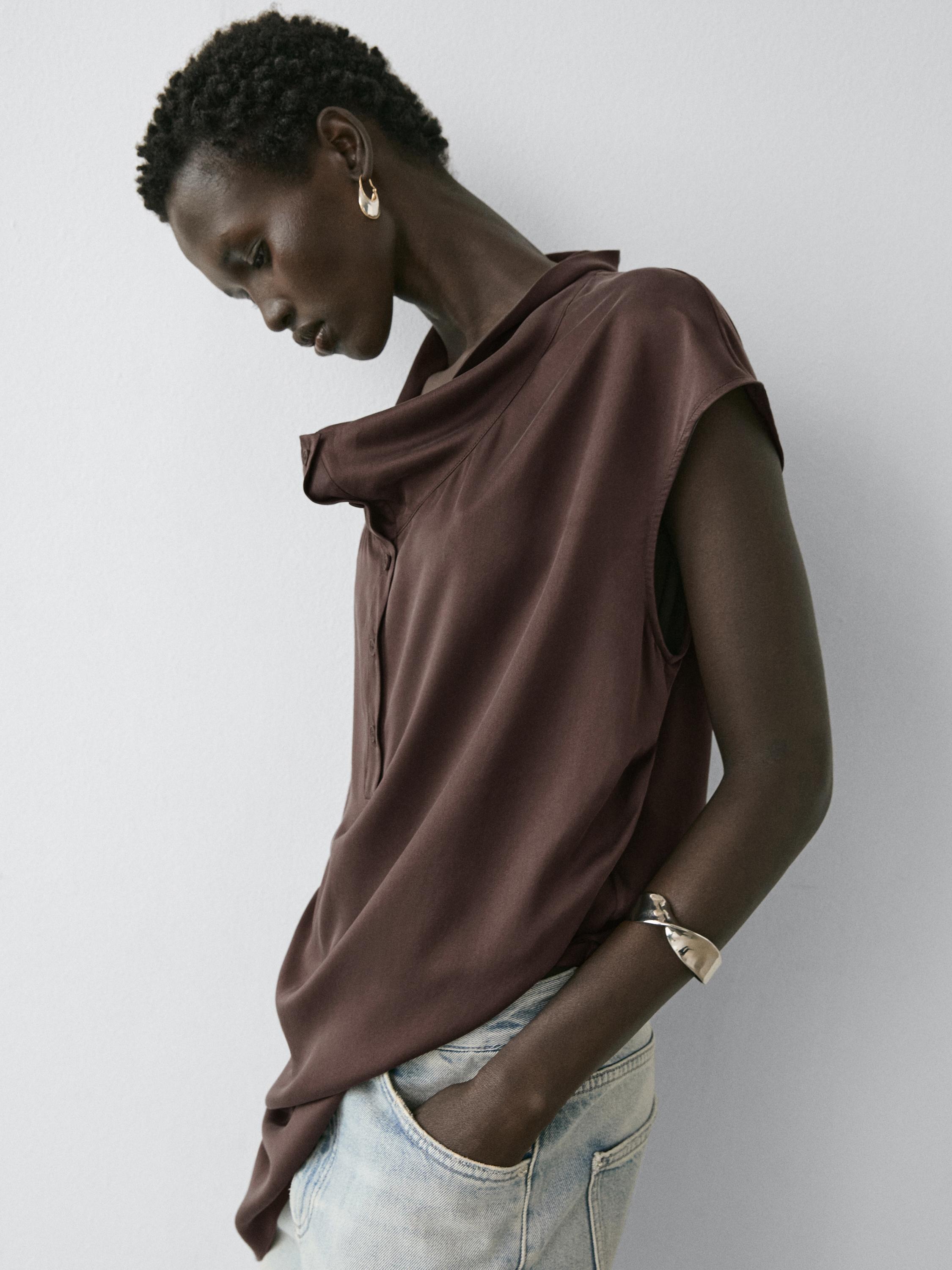 Asymmetric draped top — BROWN