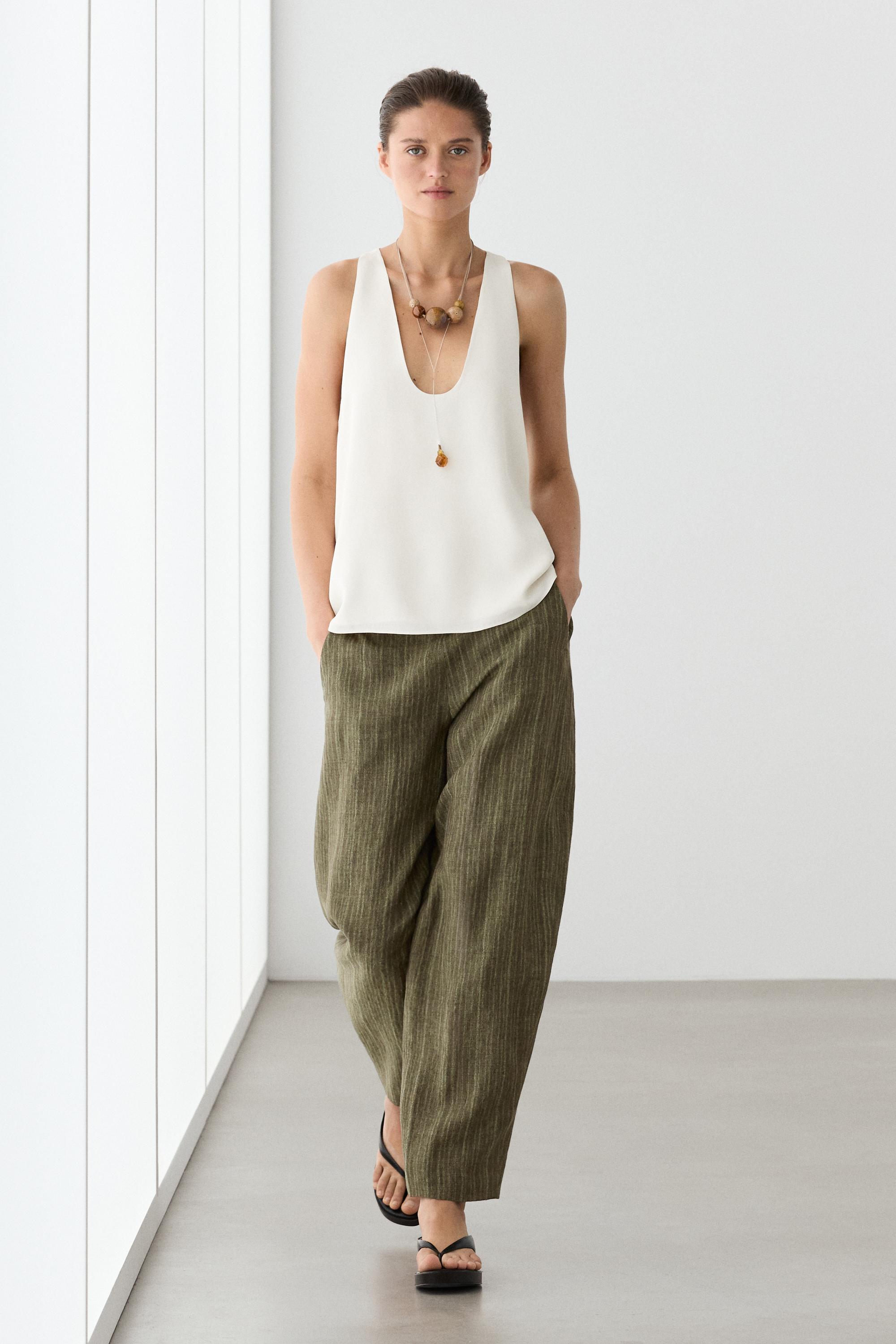 Total look linen trousers with corset belt detail — GREEN