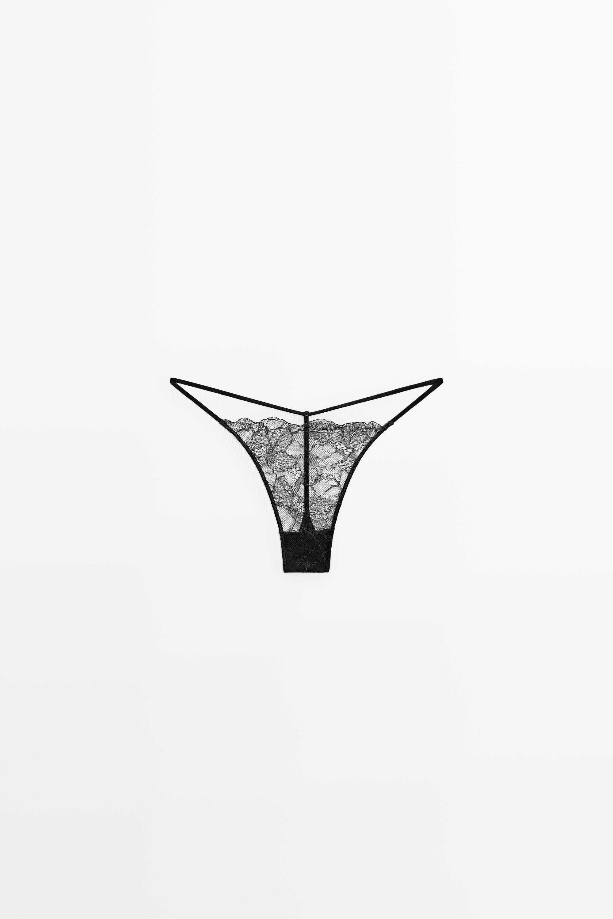 Wavy-trim lace thong — BLACK