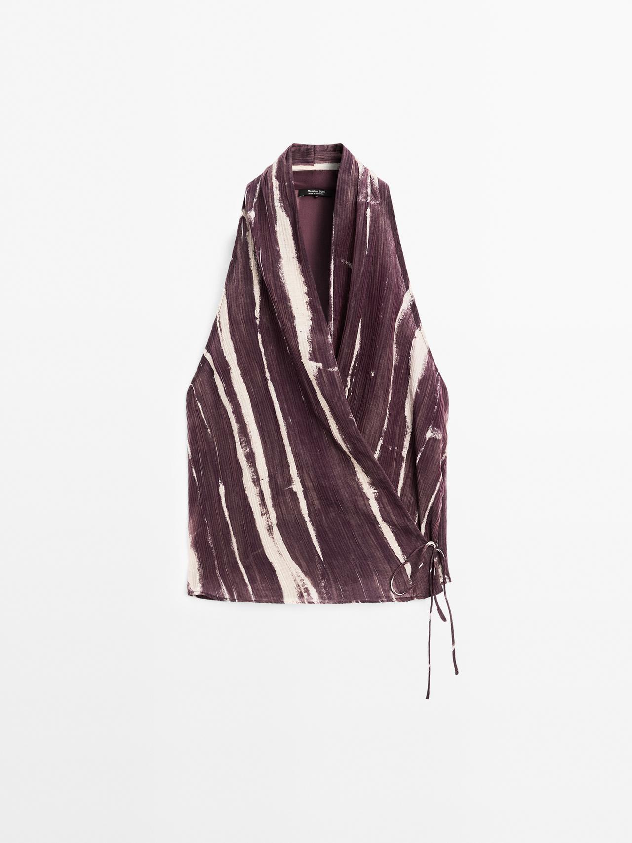 Massimo Dutti - Dame - Overdel Med Halterneck Og Stribet Print - Syren - Xs