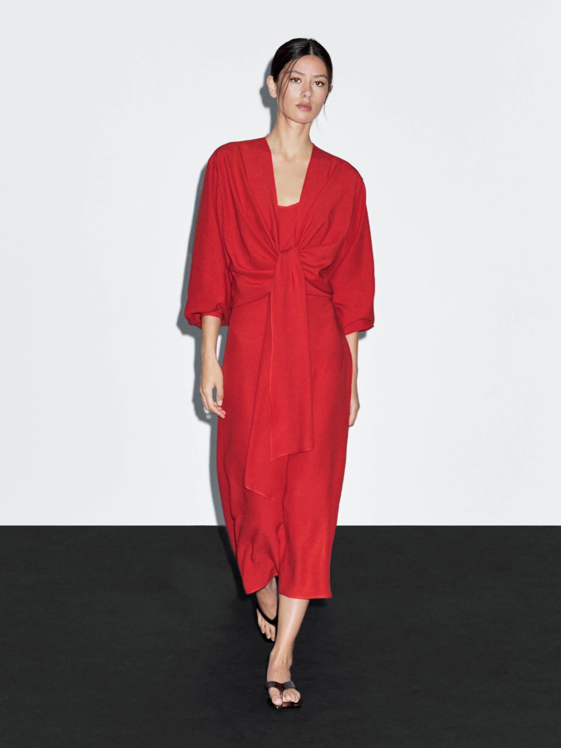 Robe Longue Décolleté Nœud - Rouge - 38 - Massimo Dutti - Femme