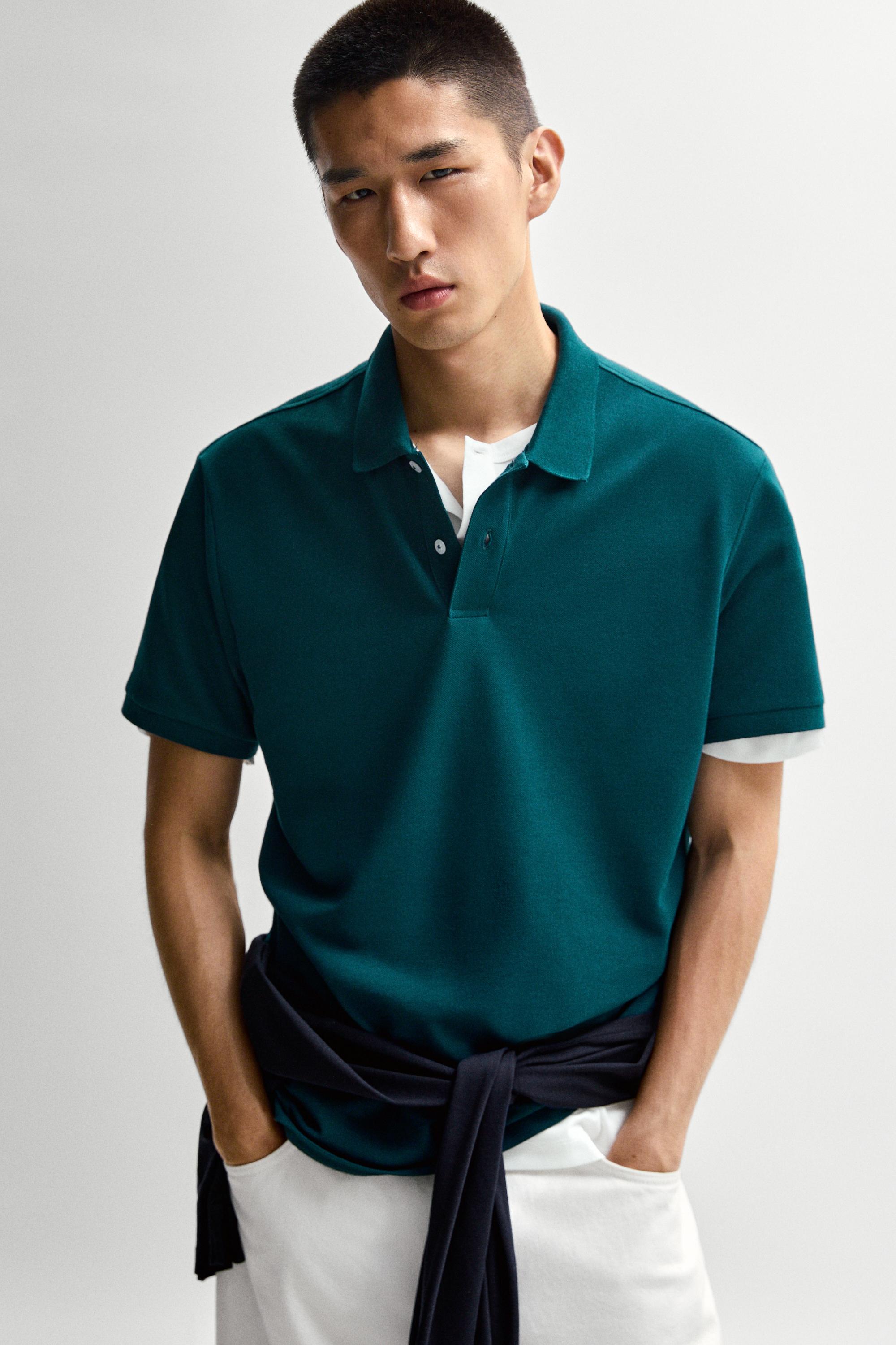 Micro-textured cotton piqué polo shirt — GREENISH BLUE