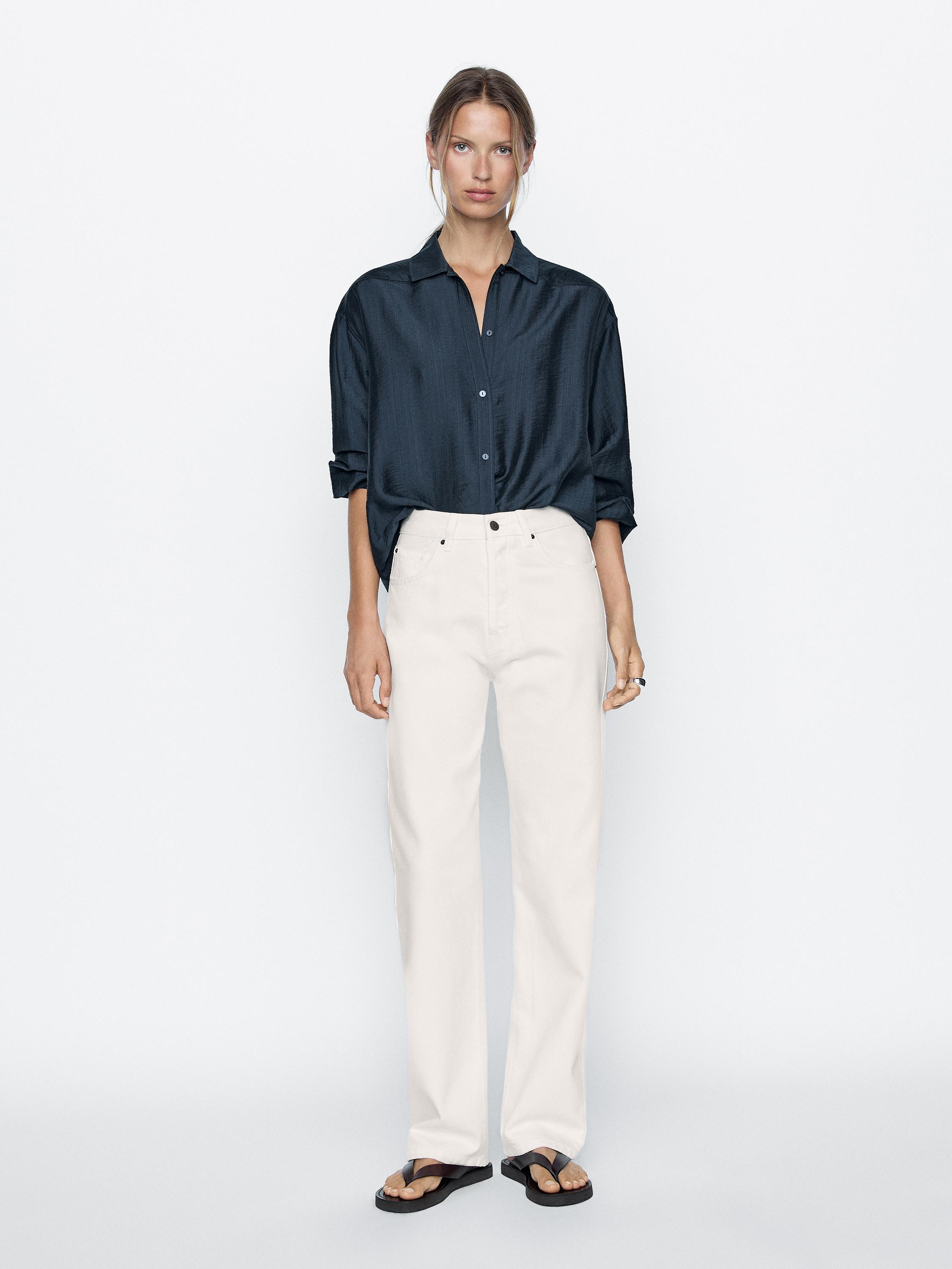 Cotton blend high-waist straight-leg jeans