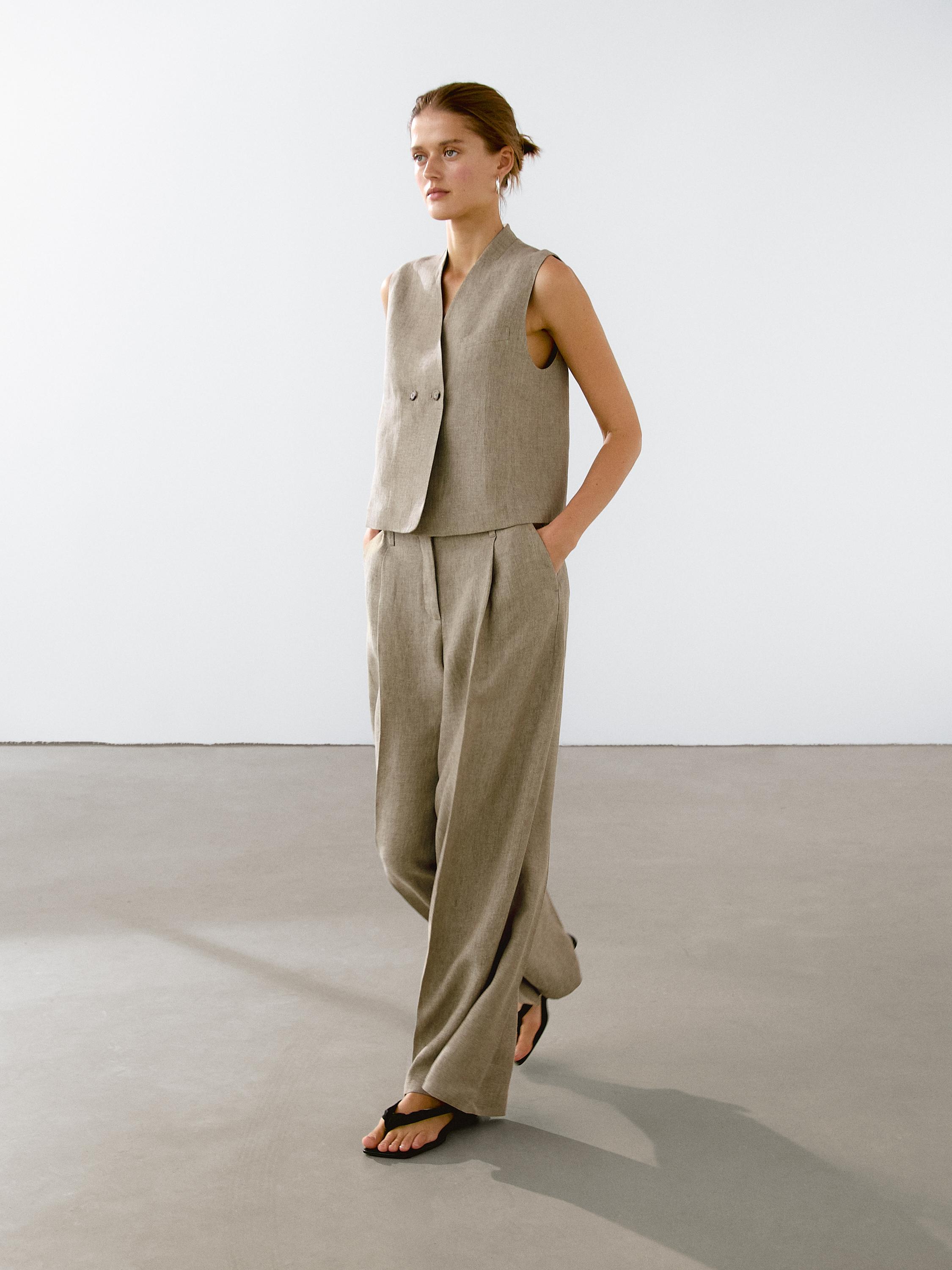 Pantalon à pinces en lin mélangé